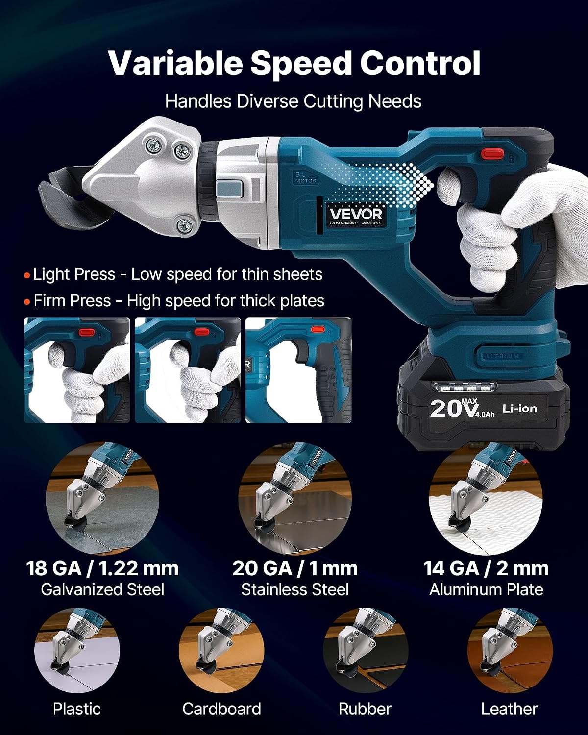 image:imageVEVOR Metal Shear Cordless Sheet Metal Cutter with 360Degree Pivoting Head Double Blades 110VAC 20VDC Cuts 18 GA Galvanized Steel 20 GA Stainless Steel Aluminum Plastic Cardboard 2800SPMCordless Sheet Metal Shear with Battery