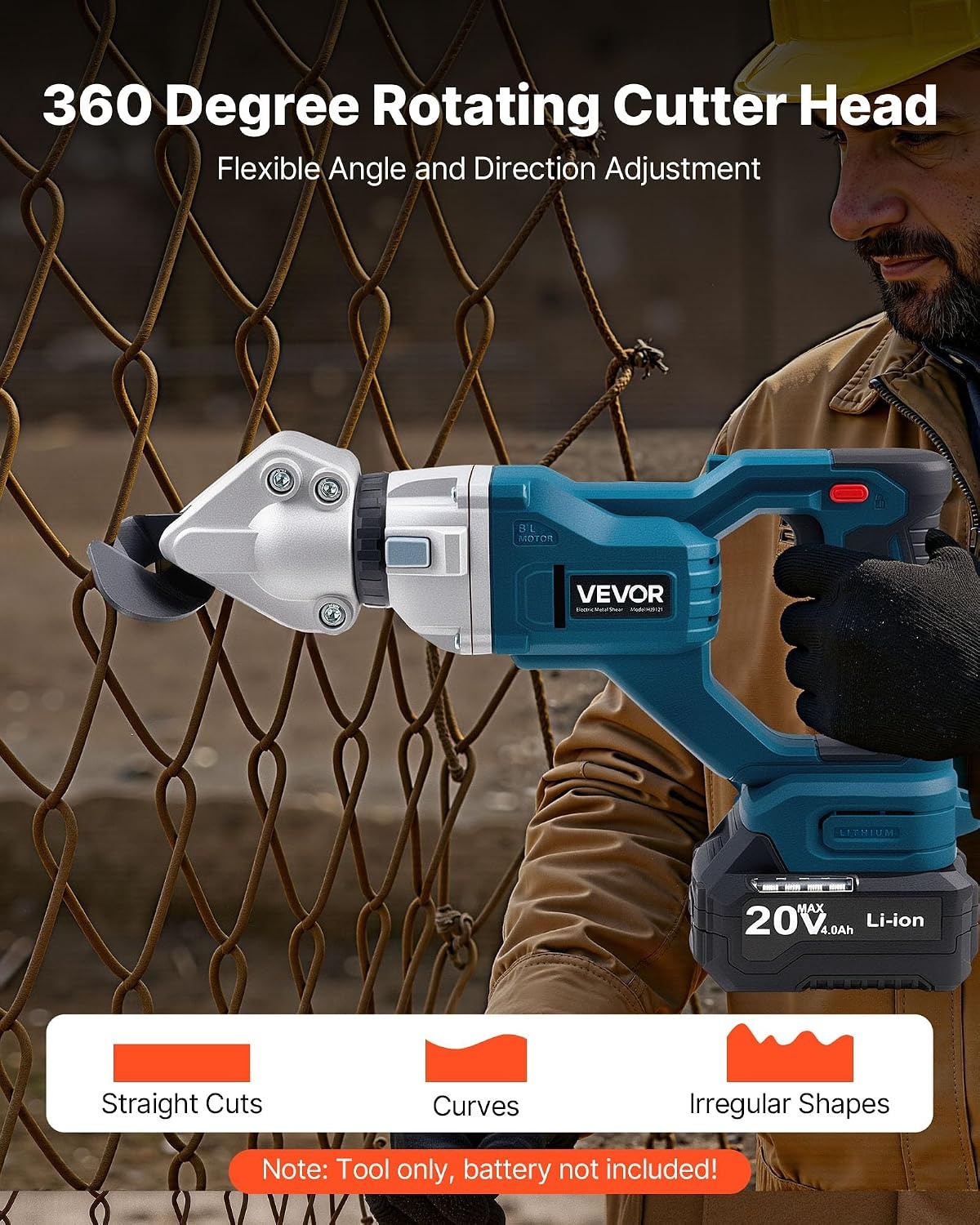 image:imageVEVOR Metal Shear Cordless Sheet Metal Cutter with 360Degree Pivoting Head Double Blades 110VAC 20VDC Cuts 18 GA Galvanized Steel 20 GA Stainless Steel Aluminum Plastic Cardboard 2800SPMCordless Sheet Metal Shear