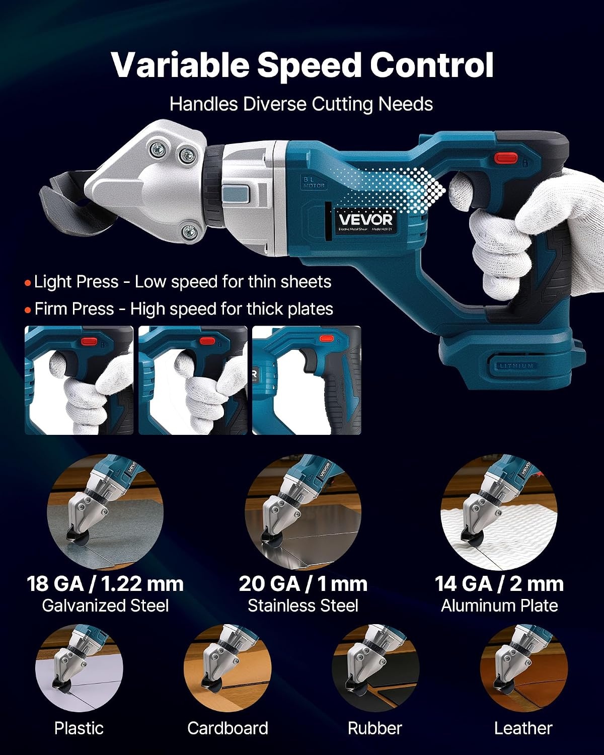 image:imageVEVOR Metal Shear Cordless Sheet Metal Cutter with 360Degree Pivoting Head Double Blades 110VAC 20VDC Cuts 18 GA Galvanized Steel 20 GA Stainless Steel Aluminum Plastic Cardboard 2800SPMCordless Sheet Metal Shear