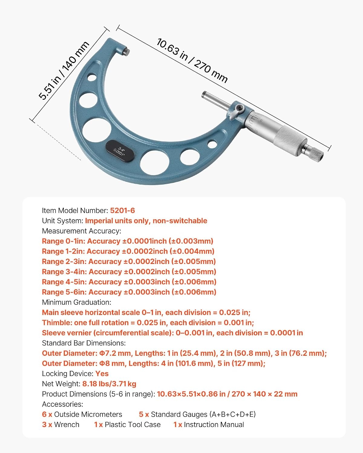 image:imageVEVOR Micrometer Set Digital Outside Micrometer 01 inch Measuring Range 000005 Resolution UltraPrecision 00001 Accuracy LCD Screen inmm Switch Carbide Tip with Protective Case011223344556