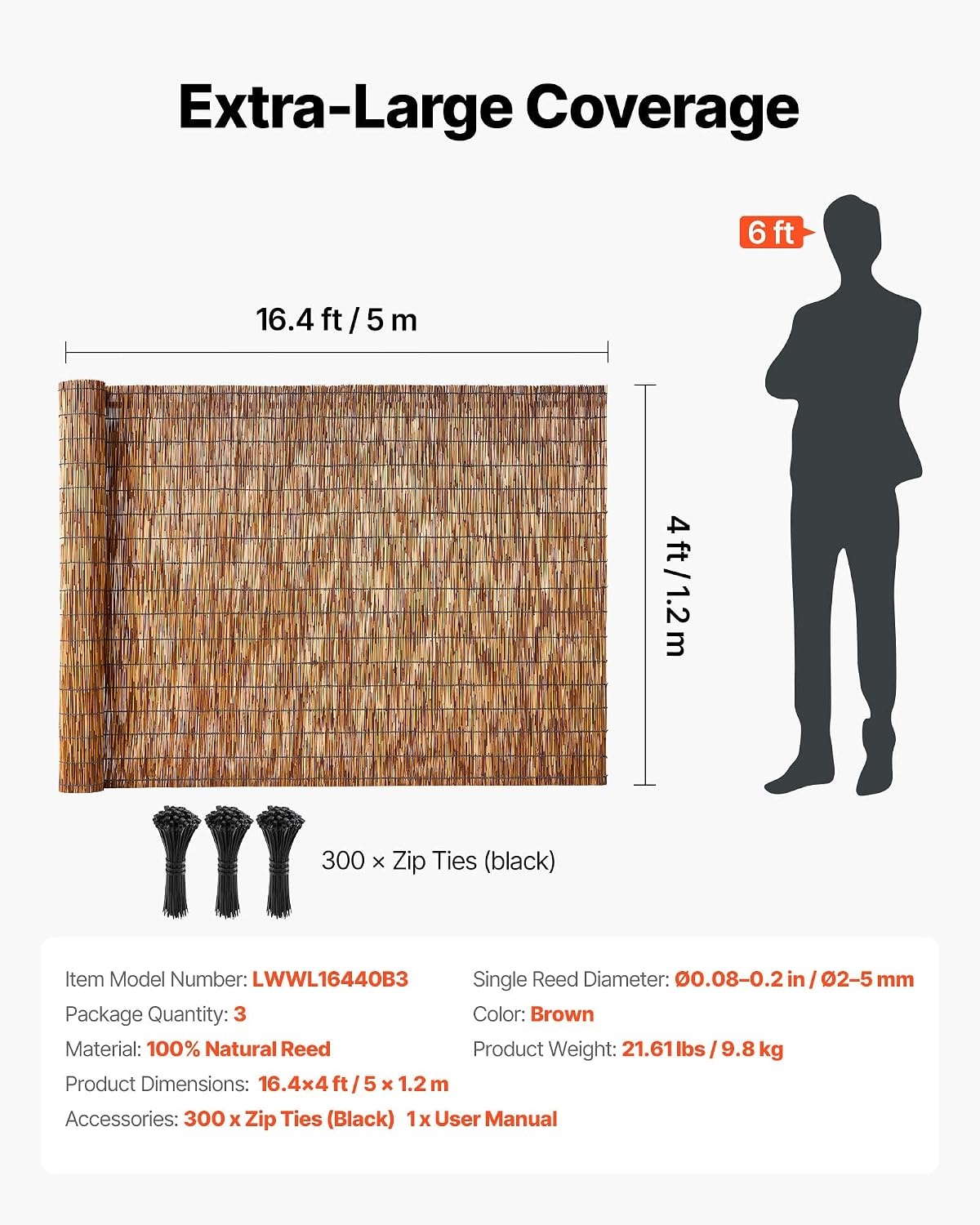 image:imageVEVOR Natural Reed Fencing 4 ft x 164 ft 3 Pack Decorative Natural Reed Fencing Roll Decorative Fence for Backyard Divider Privacy Screen Panel Curtain for Balcony Patio Garden Backyard OutdoorBrown