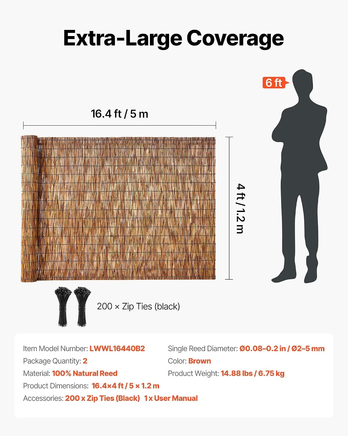 image:imageVEVOR Natural Reed Fencing 4 ft x 164 ft 3 Pack Decorative Natural Reed Fencing Roll Decorative Fence for Backyard Divider Privacy Screen Panel Curtain for Balcony Patio Garden Backyard OutdoorBrown