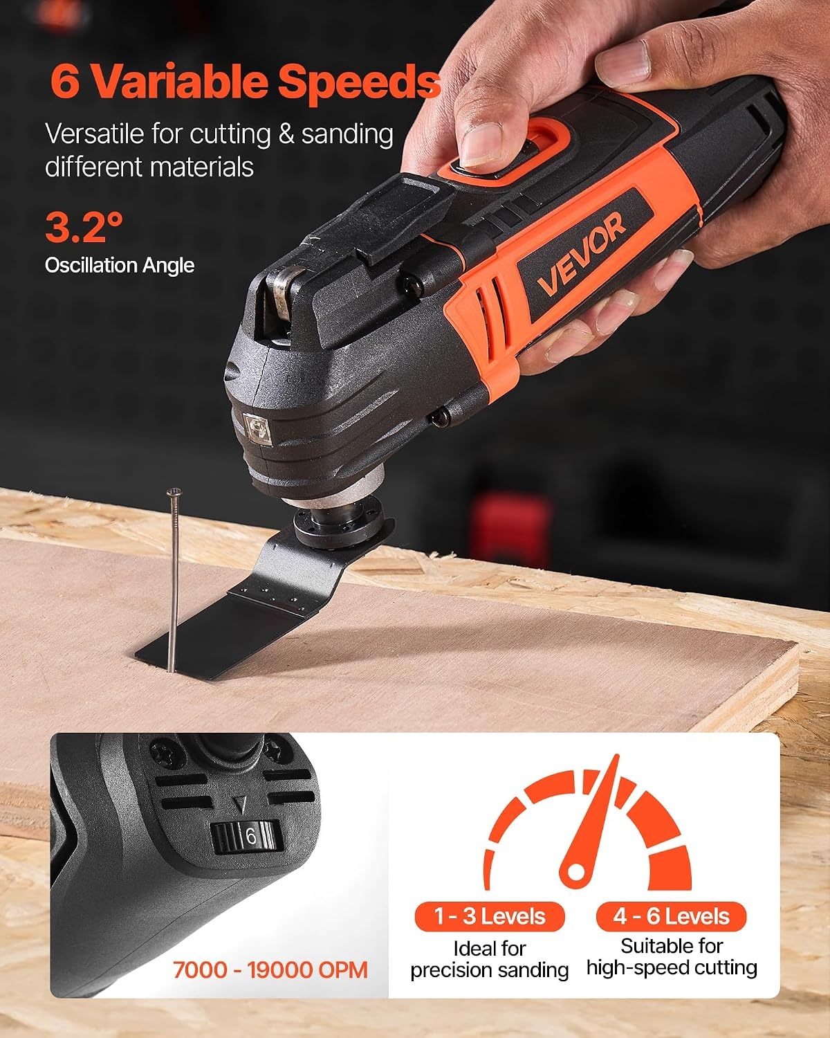 image:imageVEVOR Oscillating Tool Multitool 22Amps 22000 OPM Electric Oscillating Multi Tool Kit Corded with 28 Oscillating Angle 7PCS Saw Accessories for Cutting Scraping Sanding Floor StrippingWired Oscillating Toolred