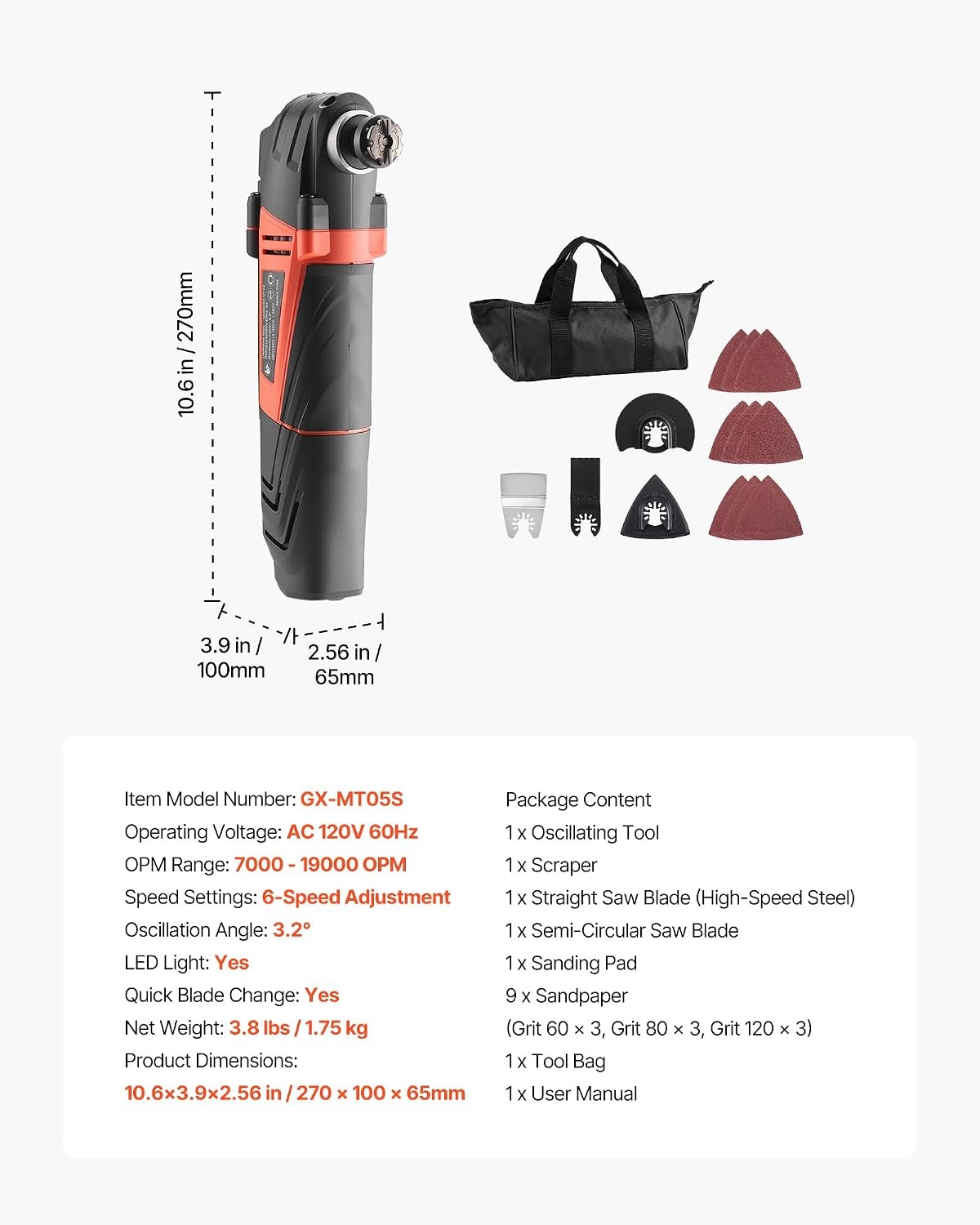 image:imageVEVOR Oscillating Tool Multitool 22Amps 22000 OPM Electric Oscillating Multi Tool Kit Corded with 28 Oscillating Angle 7PCS Saw Accessories for Cutting Scraping Sanding Floor StrippingWired Oscillating Toolred
