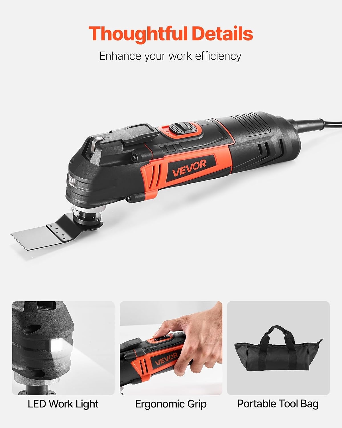 image:imageVEVOR Oscillating Tool Multitool 22Amps 22000 OPM Electric Oscillating Multi Tool Kit Corded with 28 Oscillating Angle 7PCS Saw Accessories for Cutting Scraping Sanding Floor StrippingWired Oscillating Toolred