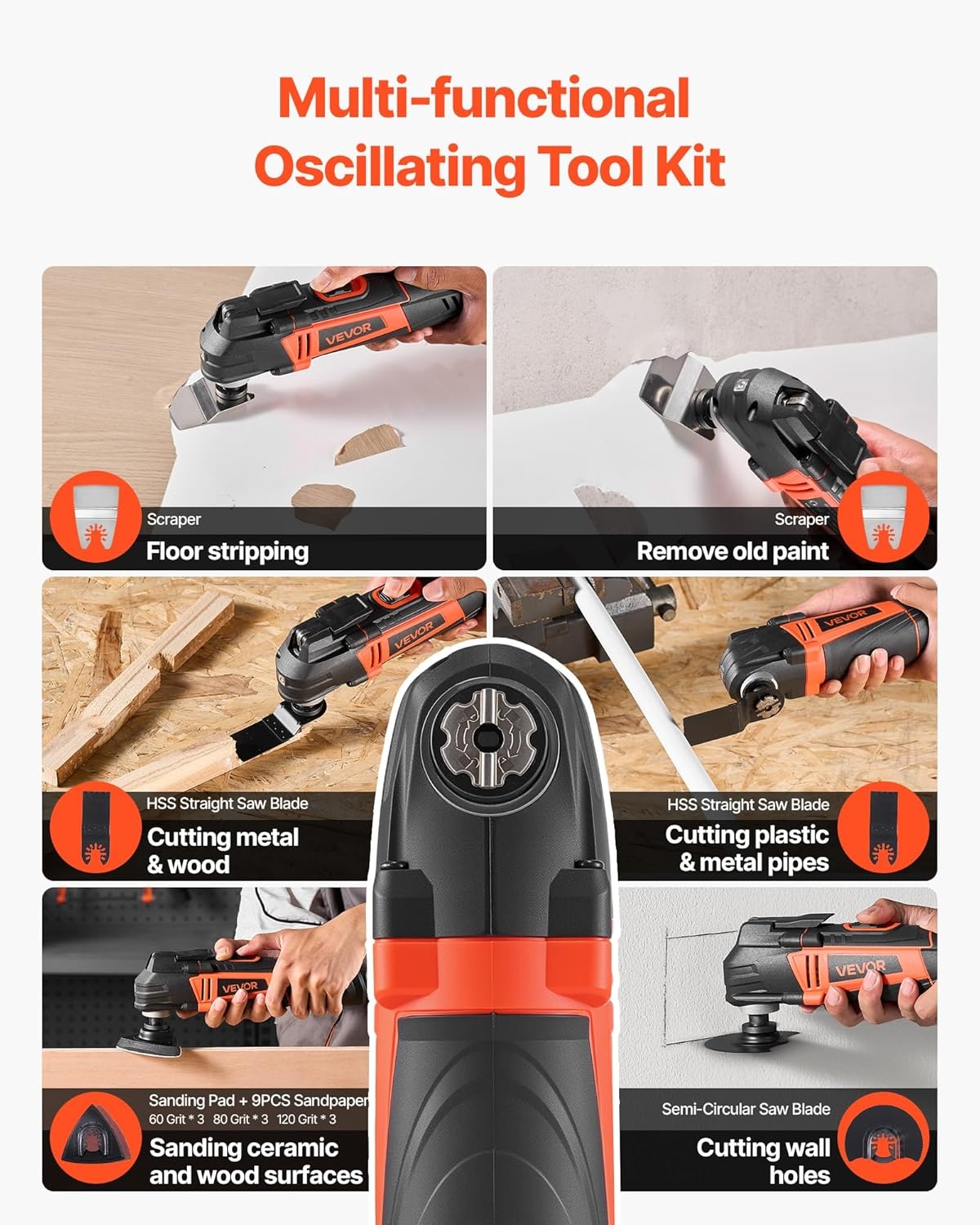 image:imageVEVOR Oscillating Tool Multitool 22Amps 22000 OPM Electric Oscillating Multi Tool Kit Corded with 28 Oscillating Angle 7PCS Saw Accessories for Cutting Scraping Sanding Floor StrippingWired Oscillating Toolred