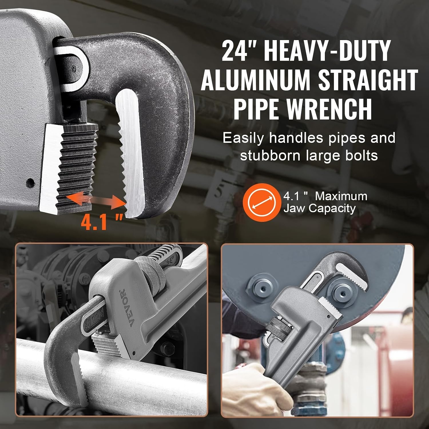 image:imageVEVOR Pipe Wrench 18 Aluminum Straight Pipe Wrench Adjustable Plumbing Wrench with High Strength Jaw and Ergonomic Handle Easy to Carry Hangable Design for Water Pipes Automotive Repairs24 Straight Pipe Wrench