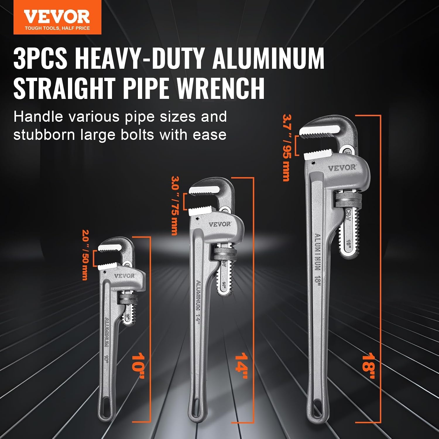 image:imageVEVOR Pipe Wrench 18 Aluminum Straight Pipe Wrench Adjustable Plumbing Wrench with High Strength Jaw and Ergonomic Handle Easy to Carry Hangable Design for Water Pipes Automotive Repairs10 14 18 Pipe Wrench Set