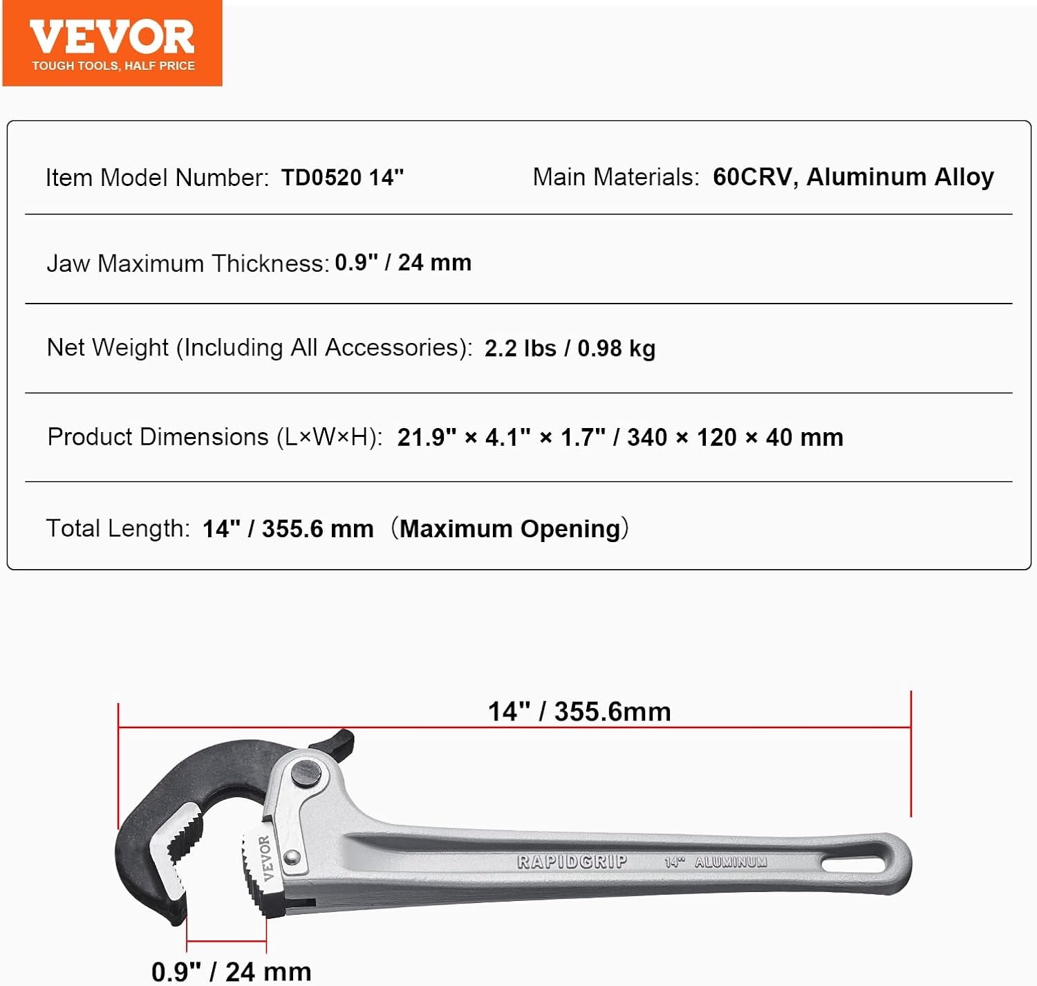 image:imageVEVOR Pipe Wrench 18 Aluminum Straight Pipe Wrench Adjustable Plumbing Wrench with High Strength Jaw and Ergonomic Handle Easy to Carry Hangable Design for Water Pipes Automotive Repairs14 Straight Pipe Wrench