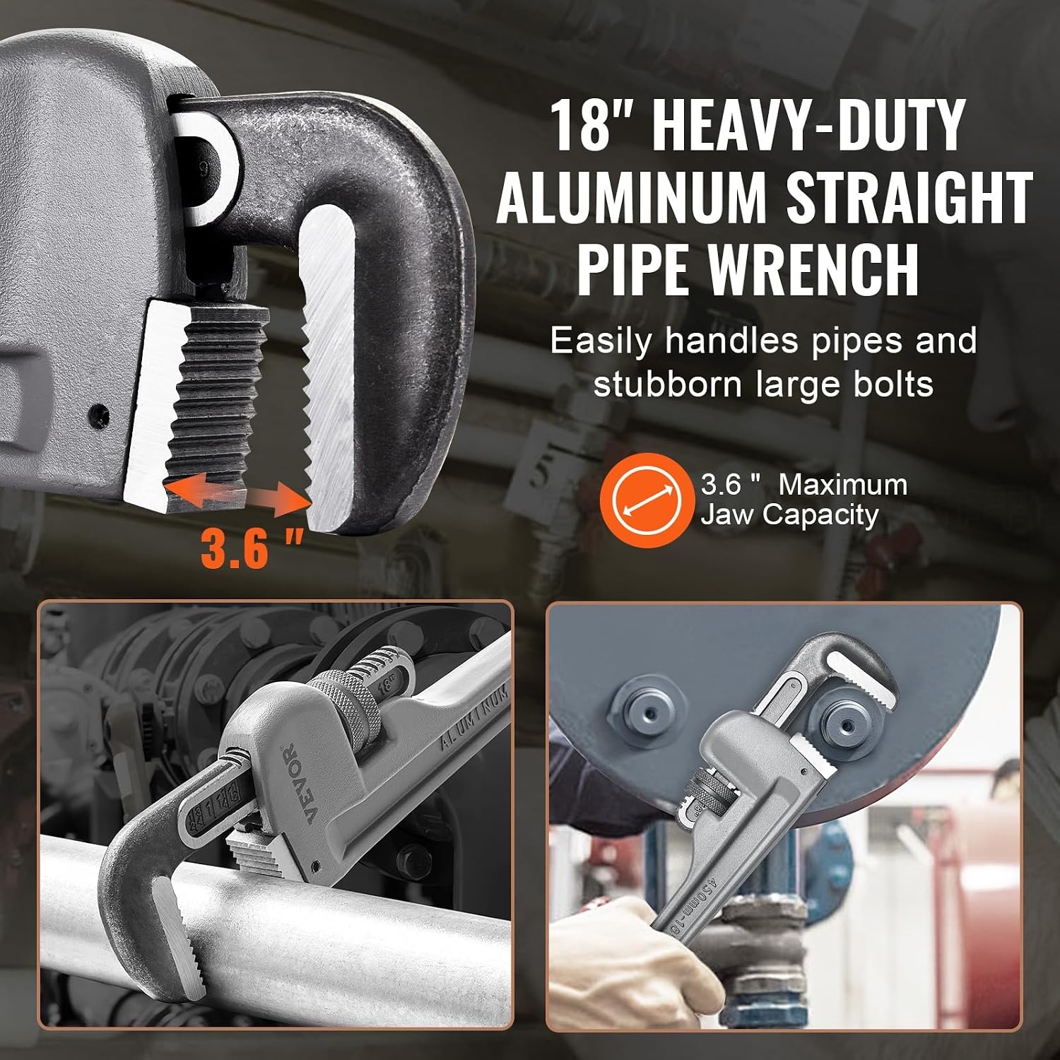 image:imageVEVOR Pipe Wrench 18 Aluminum Straight Pipe Wrench Adjustable Plumbing Wrench with High Strength Jaw and Ergonomic Handle Easy to Carry Hangable Design for Water Pipes Automotive Repairs18 Straight Pipe Wrench