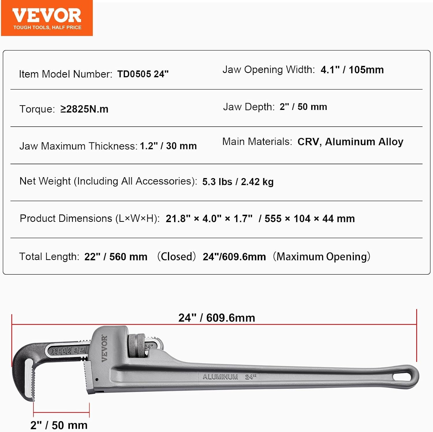 image:imageVEVOR Pipe Wrench 18 Aluminum Straight Pipe Wrench Adjustable Plumbing Wrench with High Strength Jaw and Ergonomic Handle Easy to Carry Hangable Design for Water Pipes Automotive Repairs24 Straight Pipe Wrench