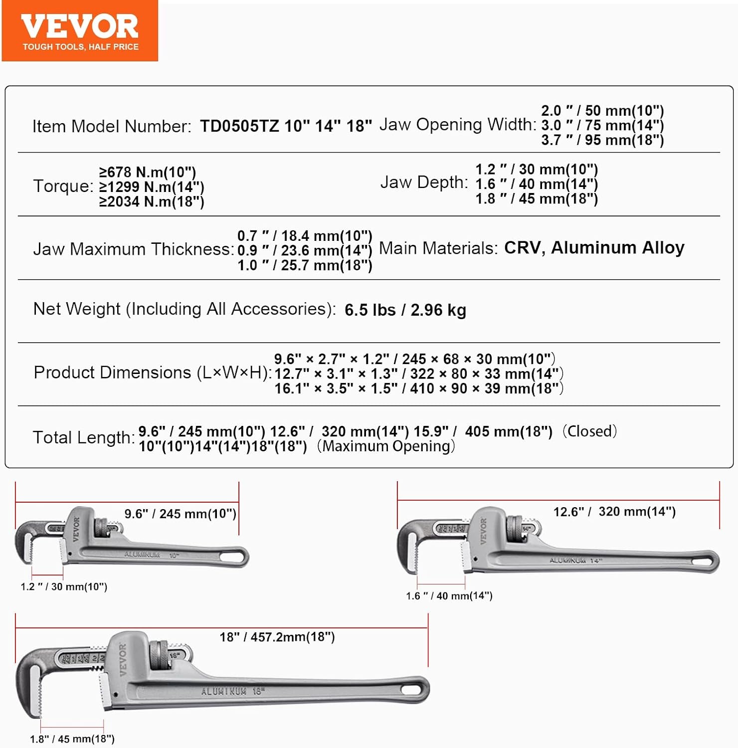 image:imageVEVOR Pipe Wrench 18 Aluminum Straight Pipe Wrench Adjustable Plumbing Wrench with High Strength Jaw and Ergonomic Handle Easy to Carry Hangable Design for Water Pipes Automotive Repairs10 14 18 Pipe Wrench Set