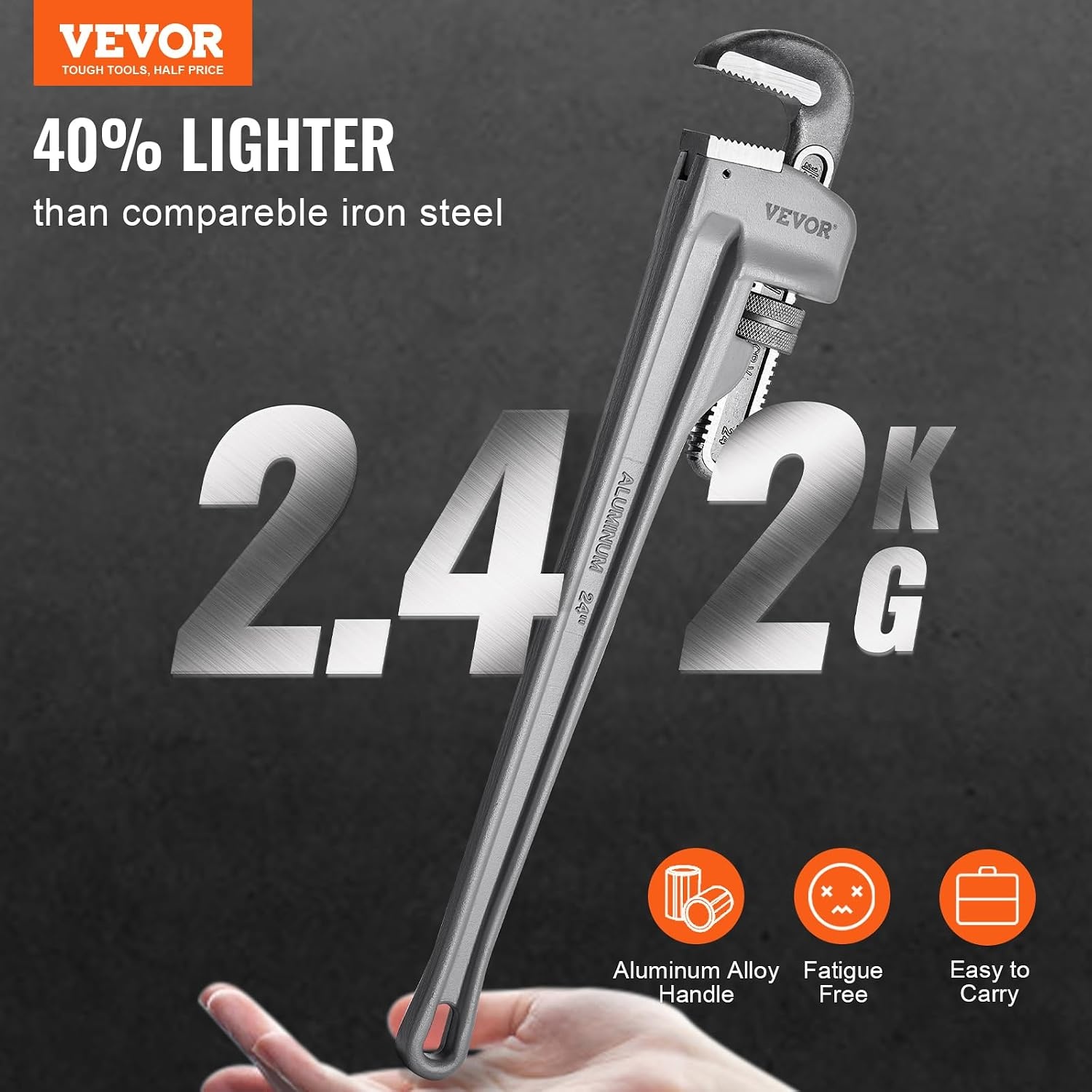image:imageVEVOR Pipe Wrench 18 Aluminum Straight Pipe Wrench Adjustable Plumbing Wrench with High Strength Jaw and Ergonomic Handle Easy to Carry Hangable Design for Water Pipes Automotive Repairs24 Straight Pipe Wrench