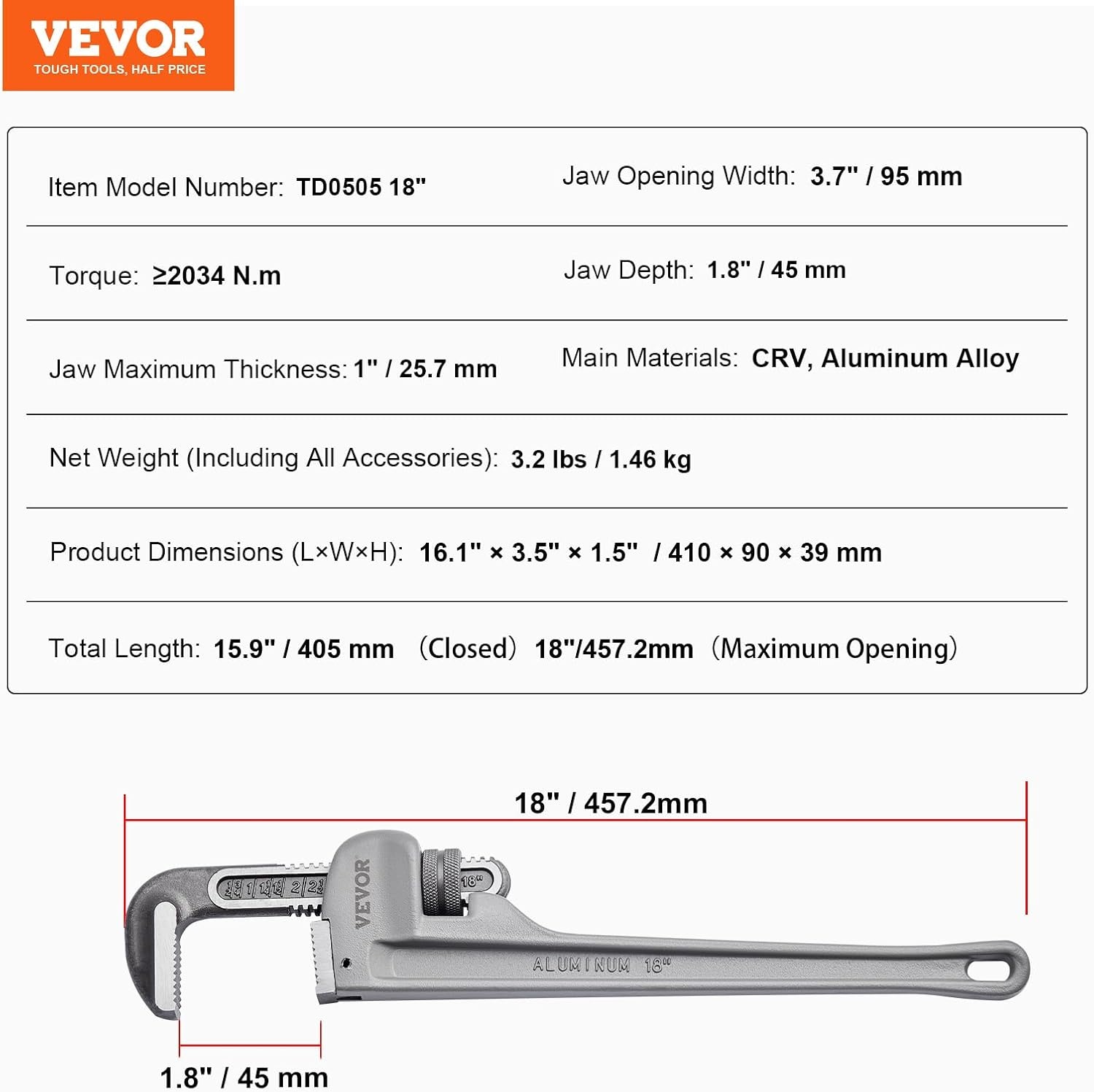 image:imageVEVOR Pipe Wrench 18 Aluminum Straight Pipe Wrench Adjustable Plumbing Wrench with High Strength Jaw and Ergonomic Handle Easy to Carry Hangable Design for Water Pipes Automotive Repairs18 Straight Pipe Wrench