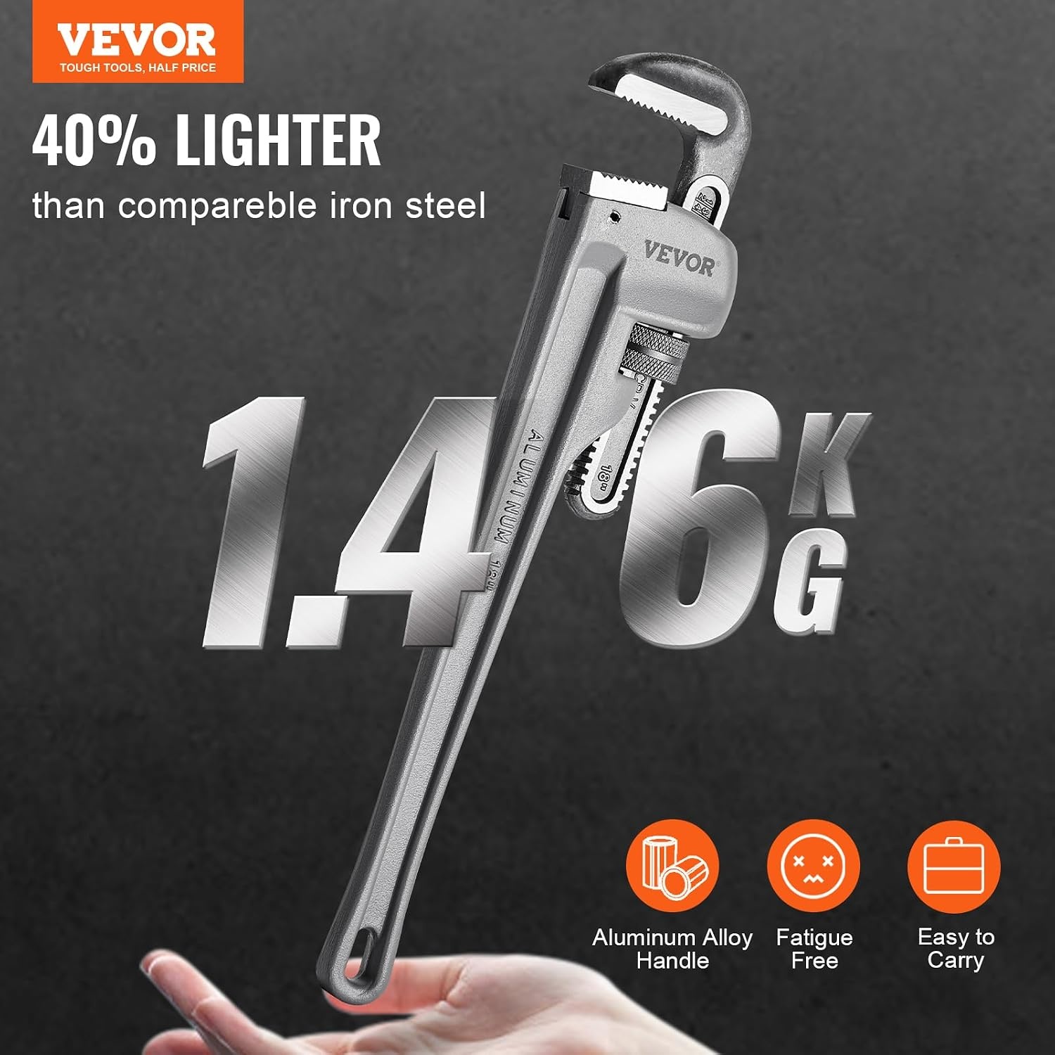 image:imageVEVOR Pipe Wrench 18 Aluminum Straight Pipe Wrench Adjustable Plumbing Wrench with High Strength Jaw and Ergonomic Handle Easy to Carry Hangable Design for Water Pipes Automotive Repairs10 14 18 Pipe Wrench Set