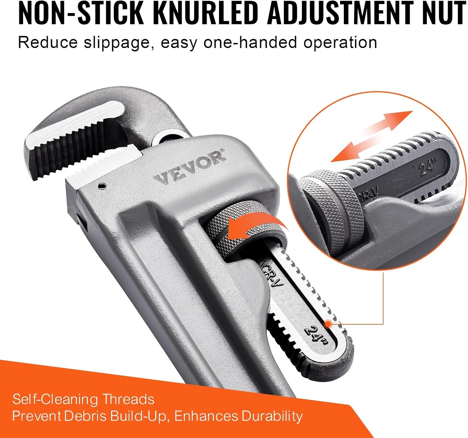 image:imageVEVOR Pipe Wrench 18 Aluminum Straight Pipe Wrench Adjustable Plumbing Wrench with High Strength Jaw and Ergonomic Handle Easy to Carry Hangable Design for Water Pipes Automotive Repairs24 Straight Pipe Wrench