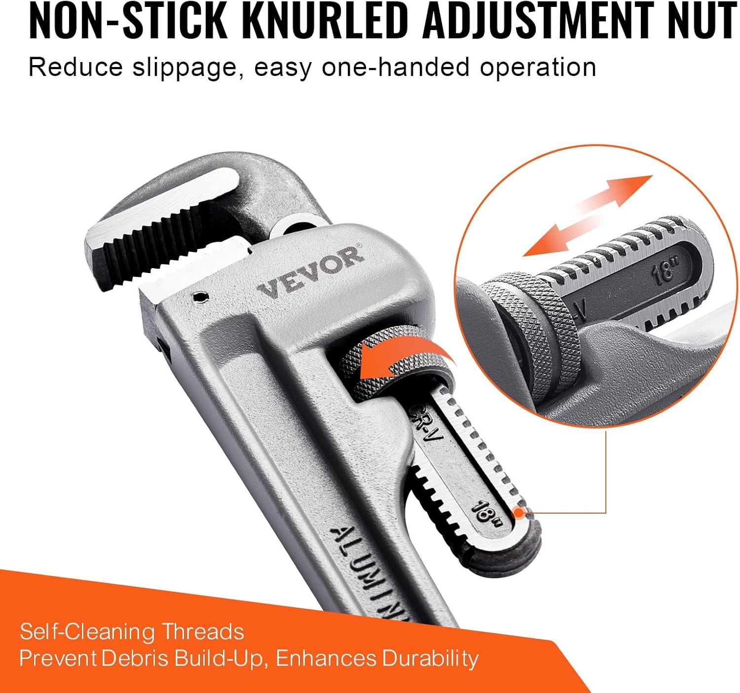 image:imageVEVOR Pipe Wrench 18 Aluminum Straight Pipe Wrench Adjustable Plumbing Wrench with High Strength Jaw and Ergonomic Handle Easy to Carry Hangable Design for Water Pipes Automotive Repairs18 Straight Pipe Wrench
