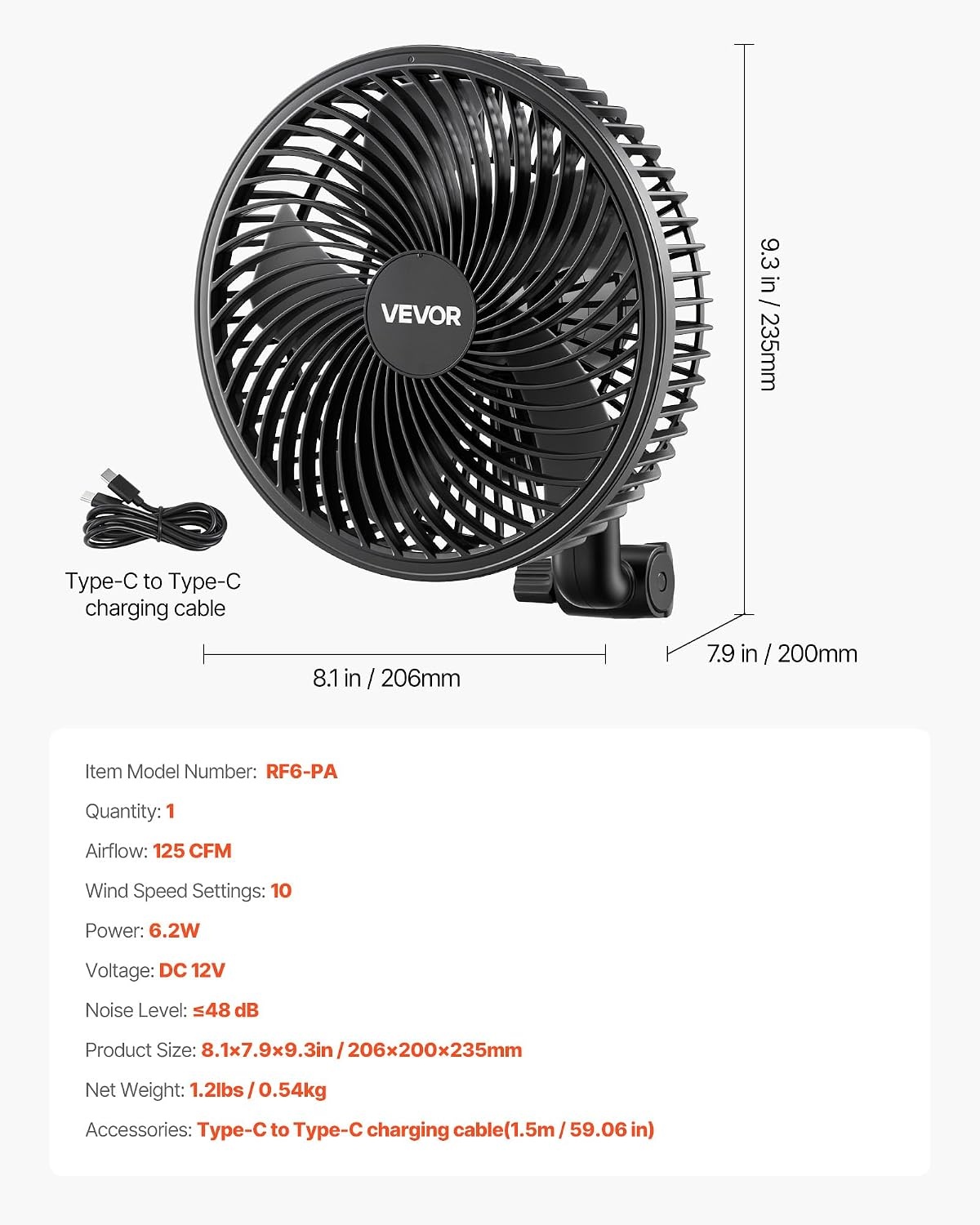 image:imageVEVOR Plant Fan Grow Tent Clip On Fan TypeC Port with 9 Speeds amp Circulation Mode Powerful Oscillating for Hydroponics Circulation Cooling Black 1 Pack