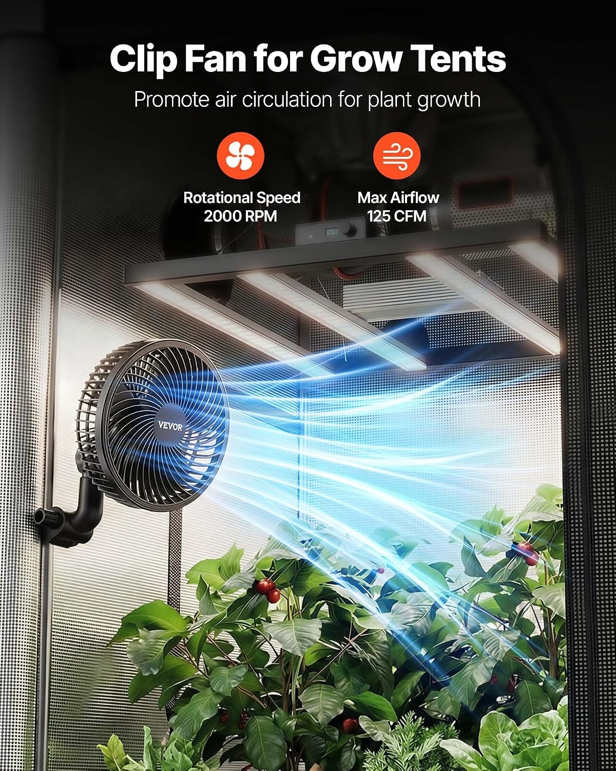 image:imageVEVOR Plant Fan Grow Tent Clip On Fan TypeC Port with 9 Speeds amp Circulation Mode Powerful Oscillating for Hydroponics Circulation Cooling Black 1 Pack