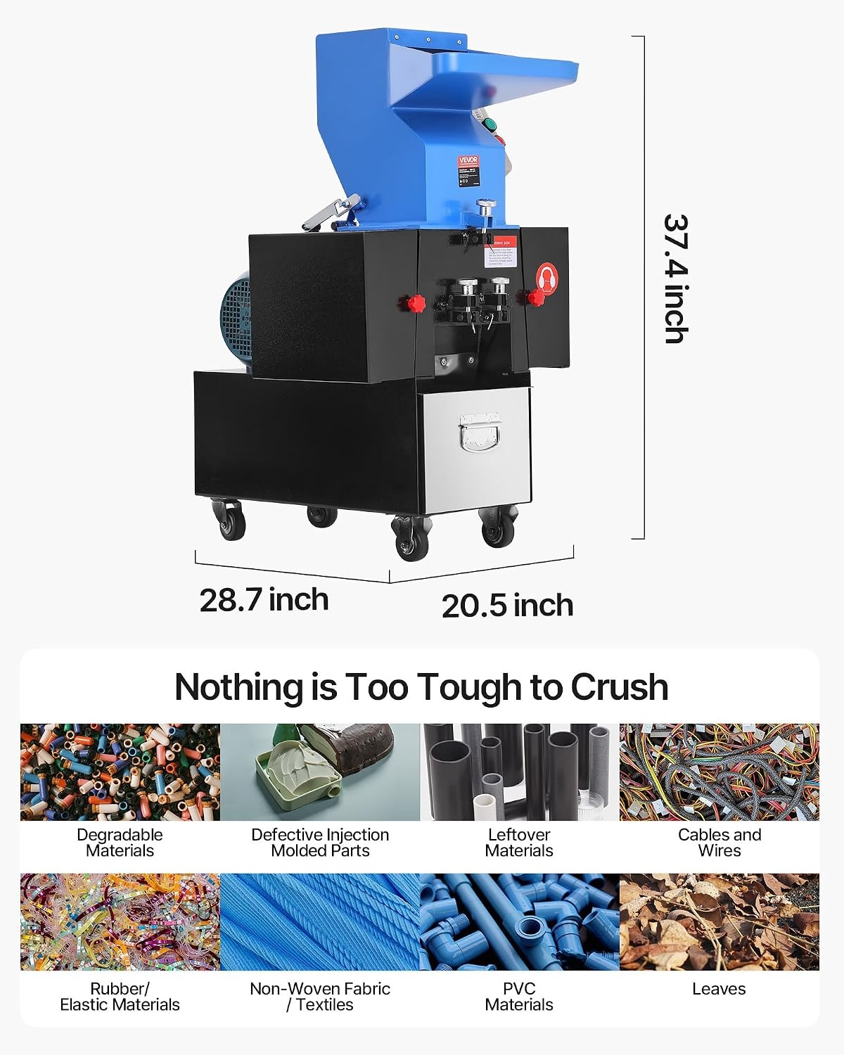 image:imageVEVOR Plastic Shredder Crusher 3HP22KW Plastic Grinder Granulator 100150kgh Capacity Pulverizer Recycling Machine with Wheels SDK11 Blade amp 6mm Mesh for PVC ABS PTFE 220V 60Hz 3Phase3HP 22KW
