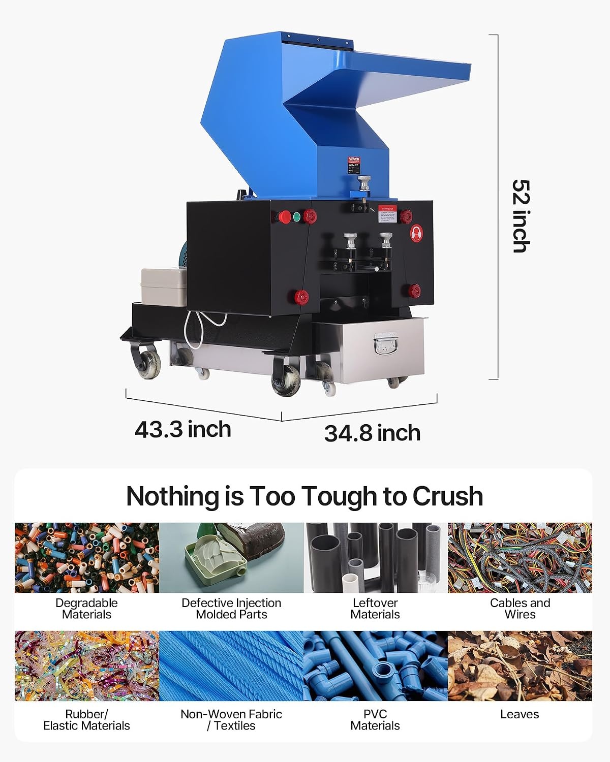 image:imageVEVOR Plastic Shredder Crusher 3HP22KW Plastic Grinder Granulator 100150kgh Capacity Pulverizer Recycling Machine with Wheels SDK11 Blade amp 6mm Mesh for PVC ABS PTFE 220V 60Hz 3Phase10HP 75KW
