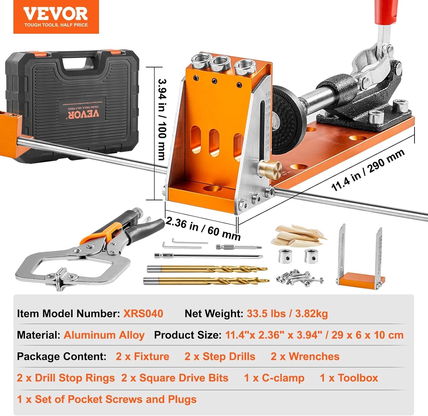 image:imageVEVOR Pocket Hole Jig 56 Pcs Mini Jig Pocket Hole System with 9 Cclamp Step Drill Wrench Drill Stop Ring Square Drive Bit and Screws for DIY Carpentry ProjectsUltra