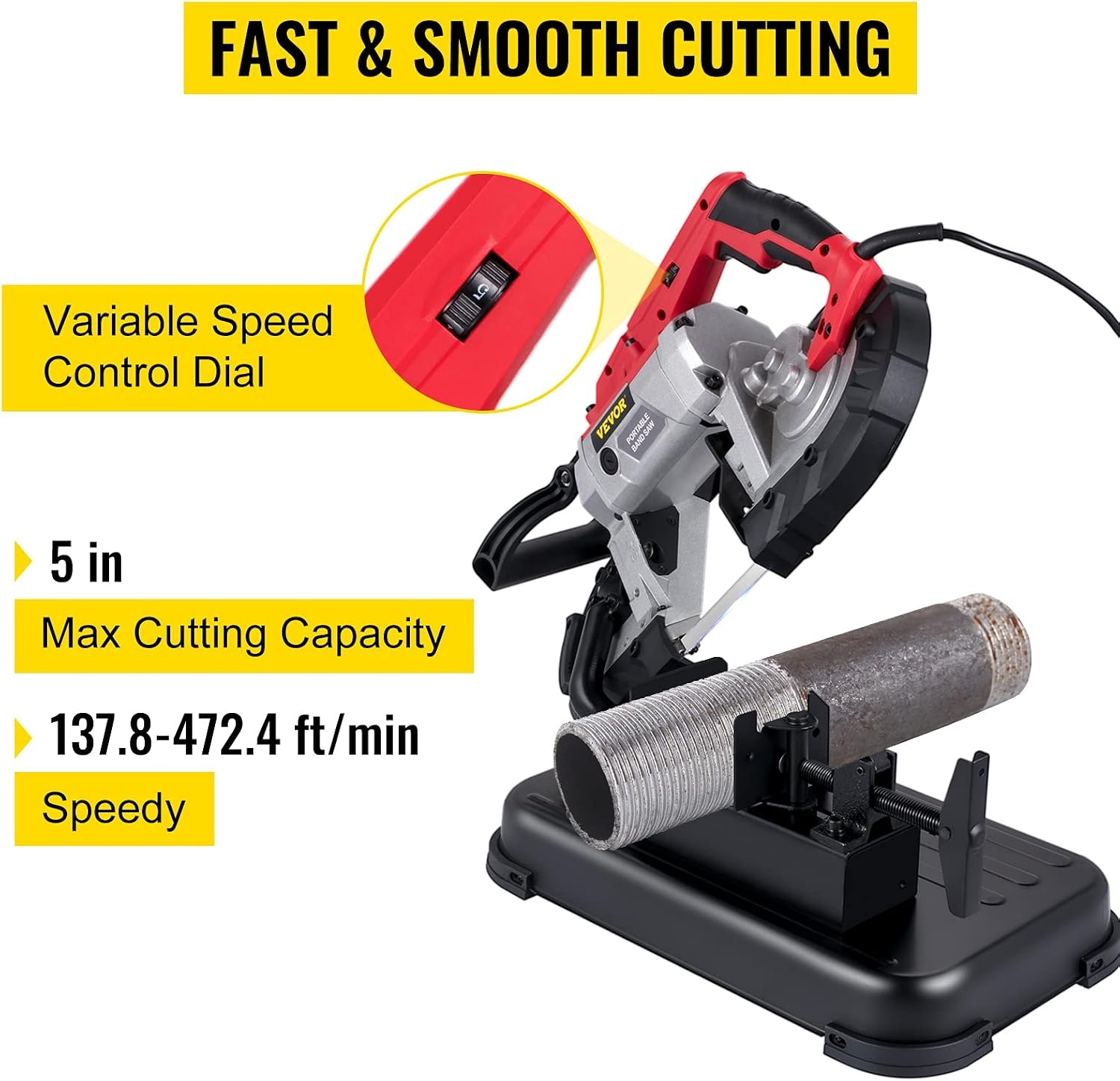 image:imageVEVOR Portable Band Saw 110V Removable Alloy Steel Base 5 Inch Cutting Capacity Hand held Variable Speed Portable Bandsaw 10Amp Motor Deep Cut Band saw for Metal Woodwith Base