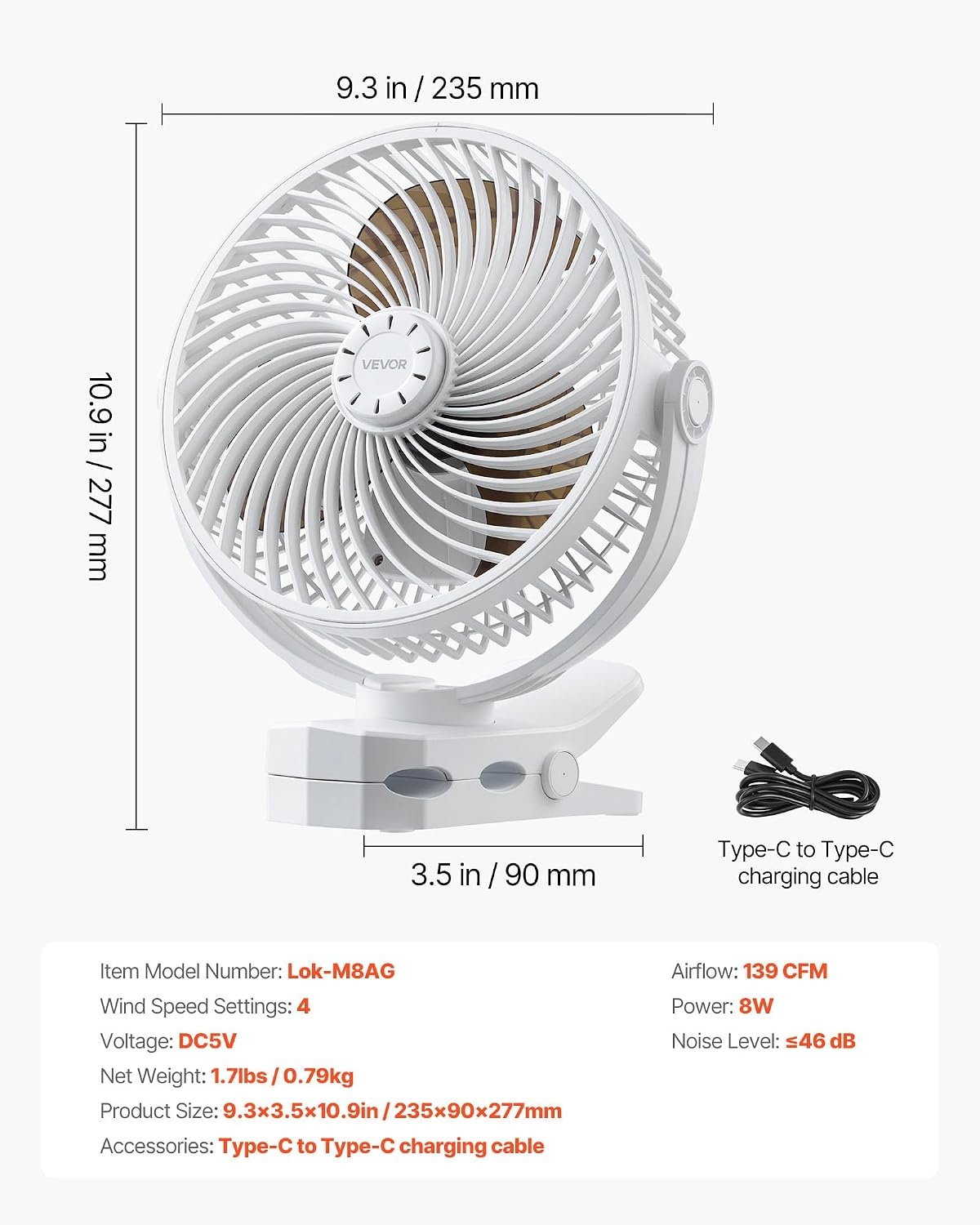image:imageVEVOR Portable Clip Fan Rechargeable Clip On Fan with Light USB Port with 3 Speeds amp Circulation Mode Strong Airflow Sturdy Clamp Long Runtime for Desk Golf CartOutdoor Camping TreadmillBlackPortable Clip Fan White