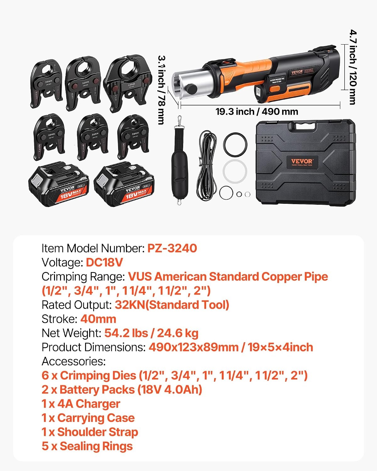image:imageVEVOR Press Tool 18V Electric Pipe Crimping Tool for 12 34 1 Copper Pipes 24KN Press Tool Kit Compatible with ProPress with 3 Press Jaws 2pcs 18V 2AH Battery Fast Charger amp Carrying CaseStandard Size