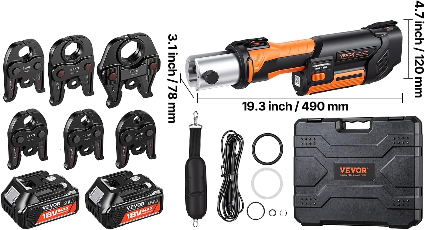 image:imageVEVOR Press Tool 18V Electric Pipe Crimping Tool for 12 34 1 Copper Pipes 24KN Press Tool Kit Compatible with ProPress with 3 Press Jaws 2pcs 18V 2AH Battery Fast Charger amp Carrying CaseStandard Size