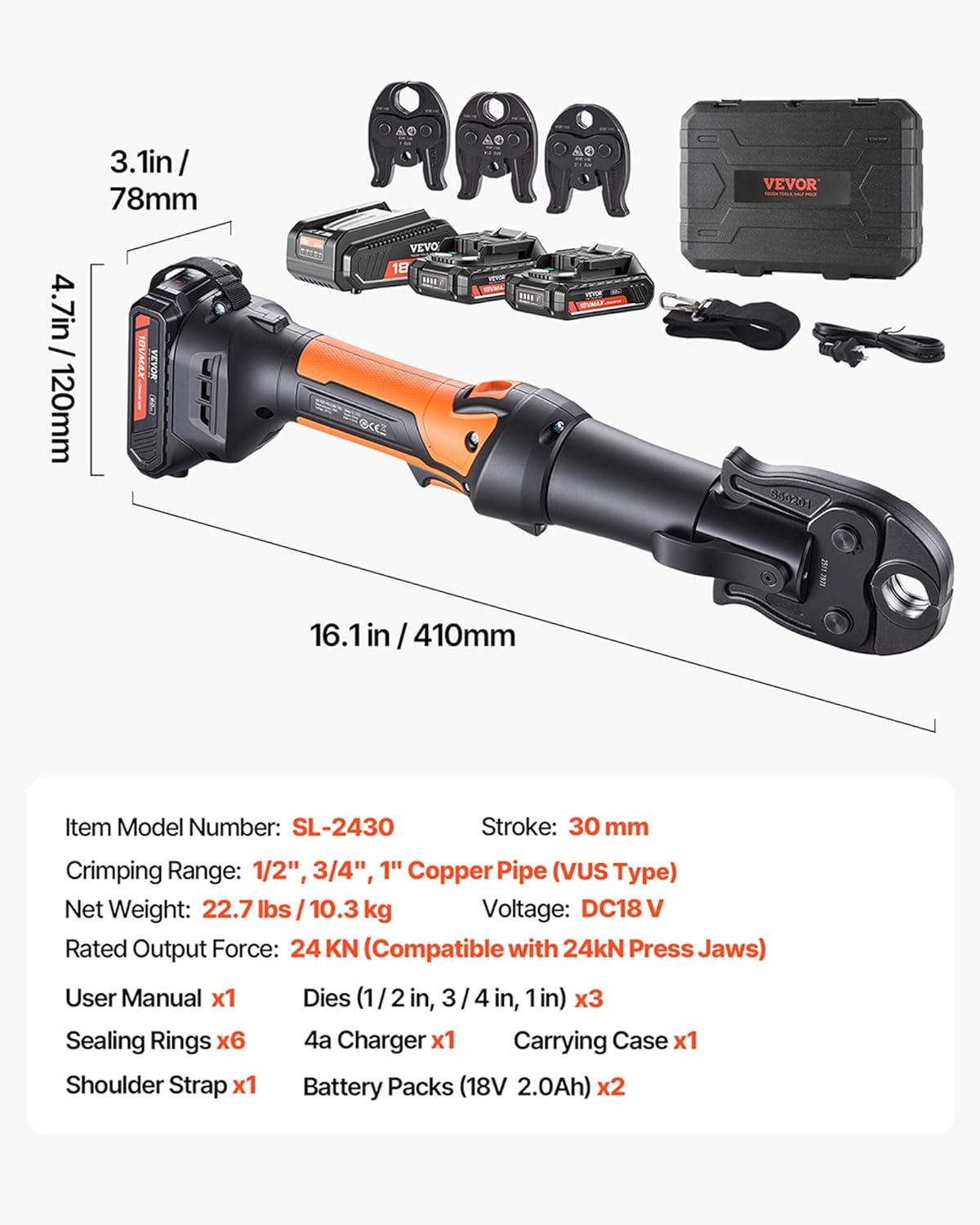 image:imageVEVOR Press Tool 18V Electric Pipe Crimping Tool for 12 34 1 Copper Pipes 24KN Press Tool Kit Compatible with ProPress with 3 Press Jaws 2pcs 18V 2AH Battery Fast Charger amp Carrying CaseCompact Size