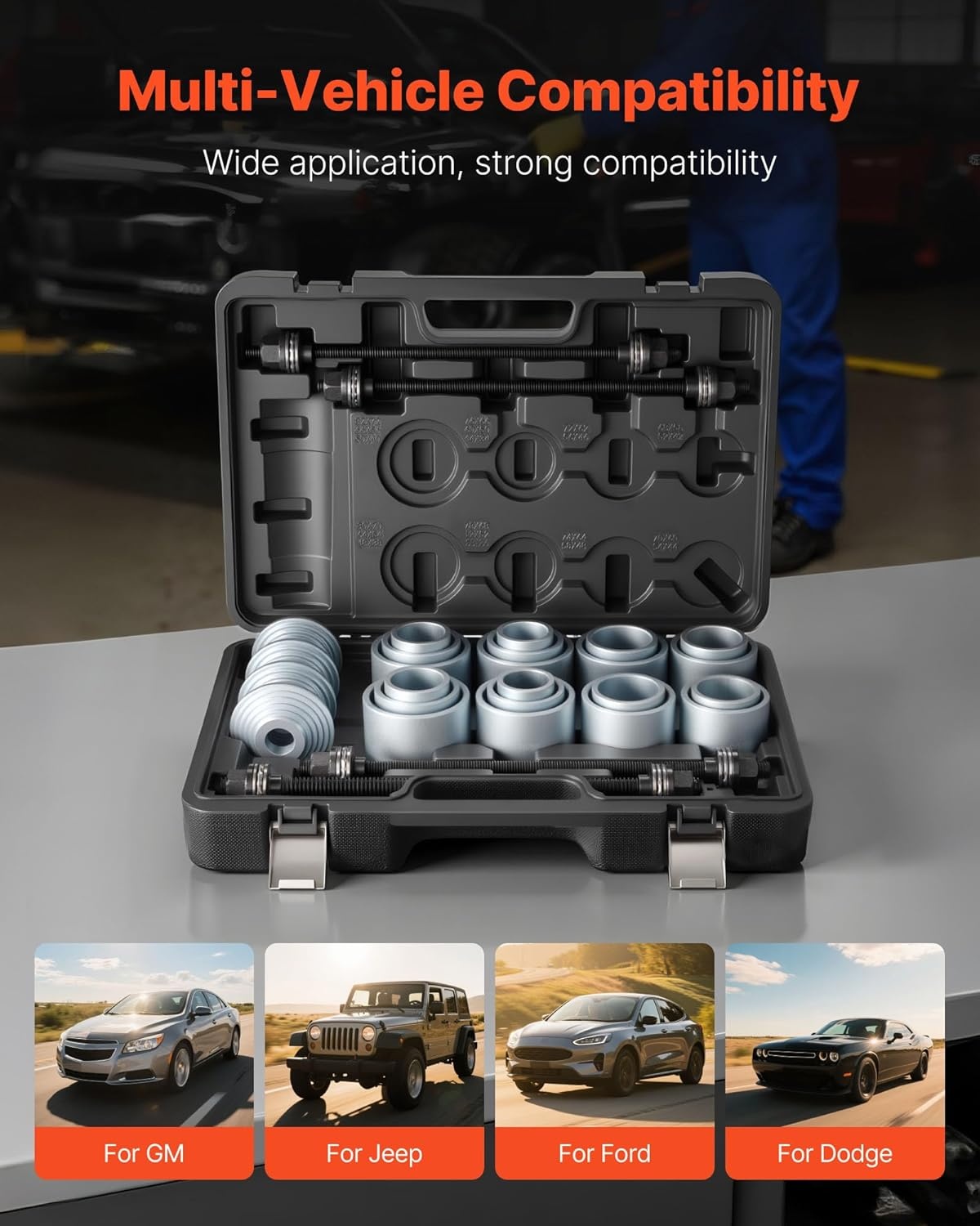 image:imageVEVOR Pull and Press Sleeve Kit 28 PCS Steel Bush Removal Insertion Sleeve Tools with Carrying Case Compatible with LCV and HGV Engines for Removing and Installing Bushings Bearings and Seals