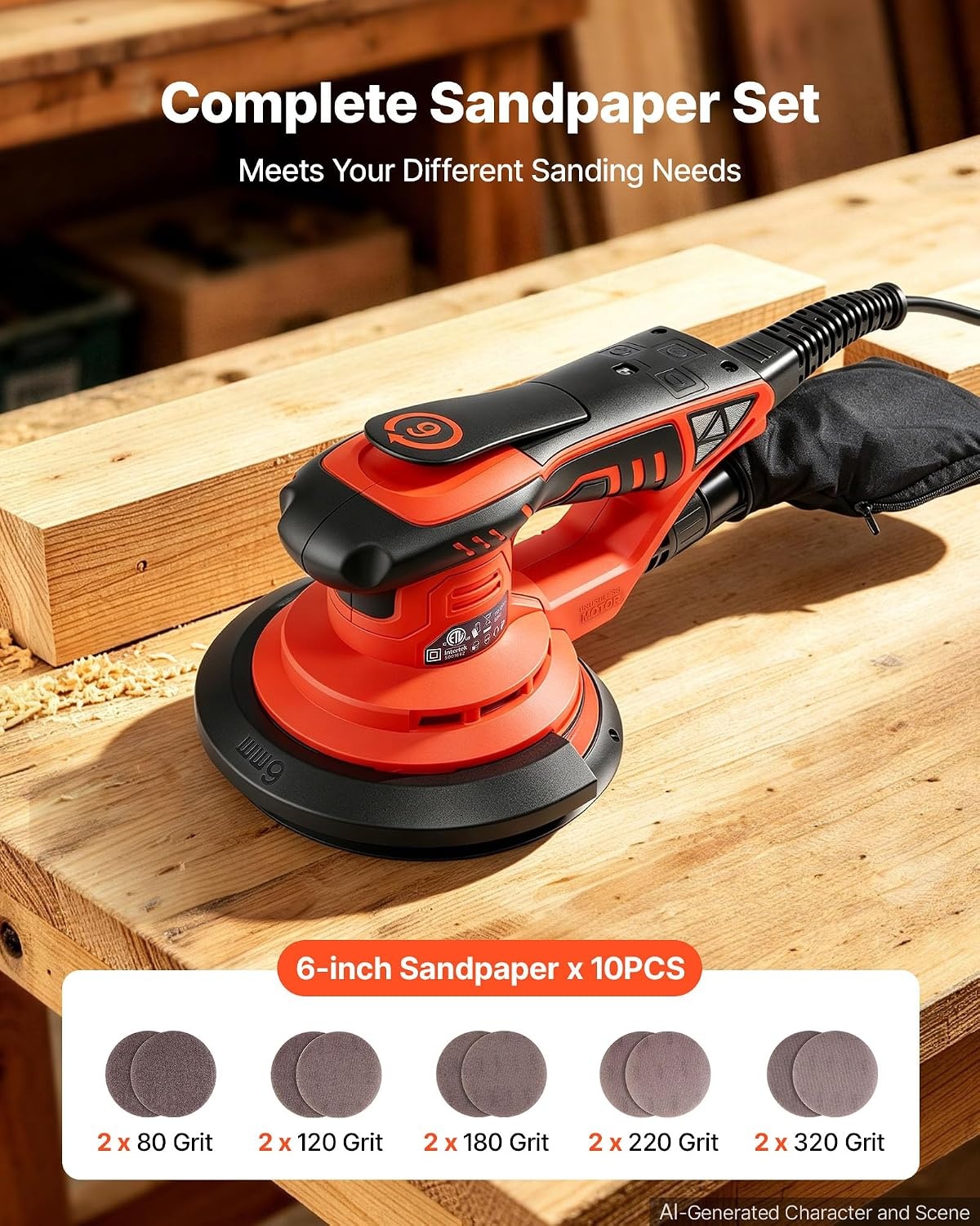 image:imageVEVOR Random Orbital Sander 6Inch 350W Brushless Orbital Sander 10000 PRM 6 Variable Speed Electric Palm Sander with 10PCS Sandpapers Dust Connector amp Hose for Woodworking Detailing SandingOrangered