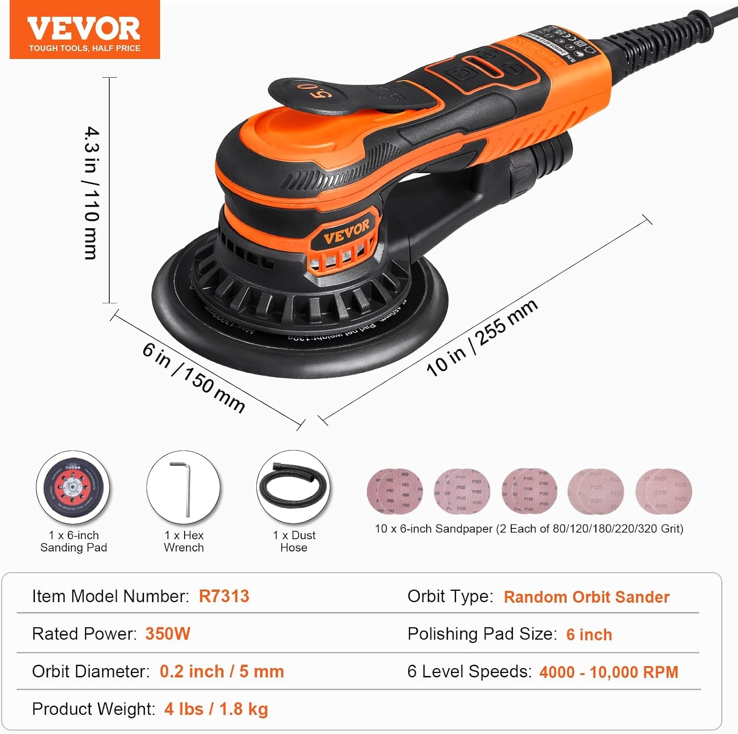image:imageVEVOR Random Orbital Sander 6Inch 350W Brushless Orbital Sander 10000 PRM 6 Variable Speed Electric Palm Sander with 10PCS Sandpapers Dust Connector amp Hose for Woodworking Detailing SandingOrange