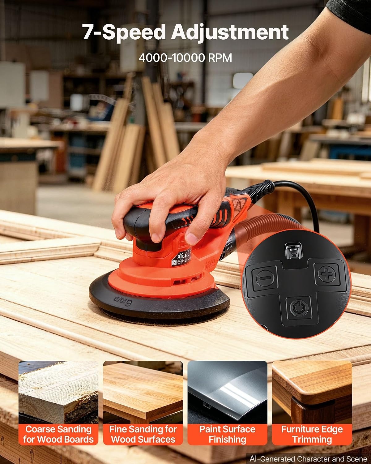 image:imageVEVOR Random Orbital Sander 6Inch 350W Brushless Orbital Sander 10000 PRM 6 Variable Speed Electric Palm Sander with 10PCS Sandpapers Dust Connector amp Hose for Woodworking Detailing SandingOrangered