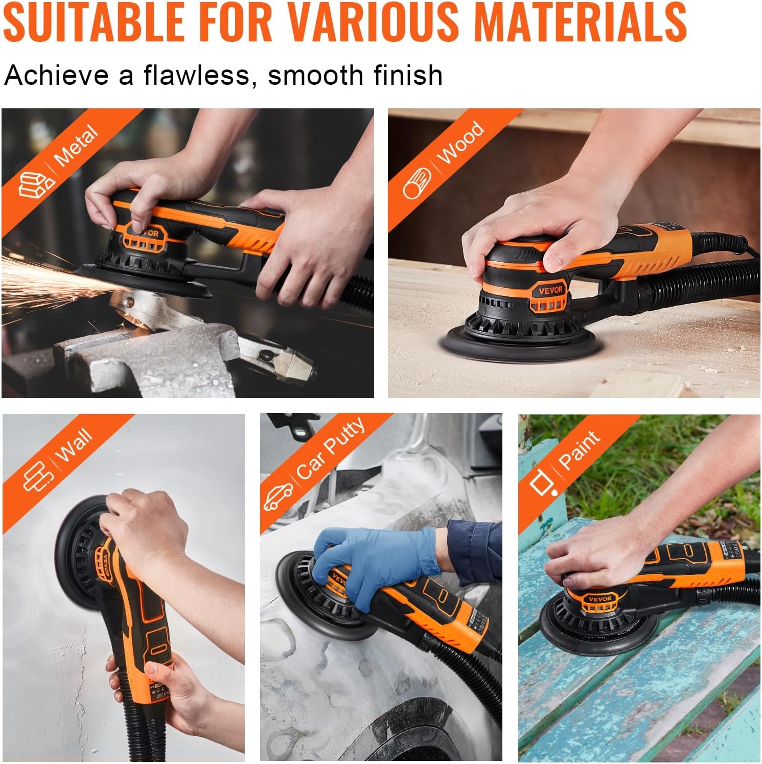 image:imageVEVOR Random Orbital Sander 6Inch 350W Brushless Orbital Sander 10000 PRM 6 Variable Speed Electric Palm Sander with 10PCS Sandpapers Dust Connector amp Hose for Woodworking Detailing SandingOrange