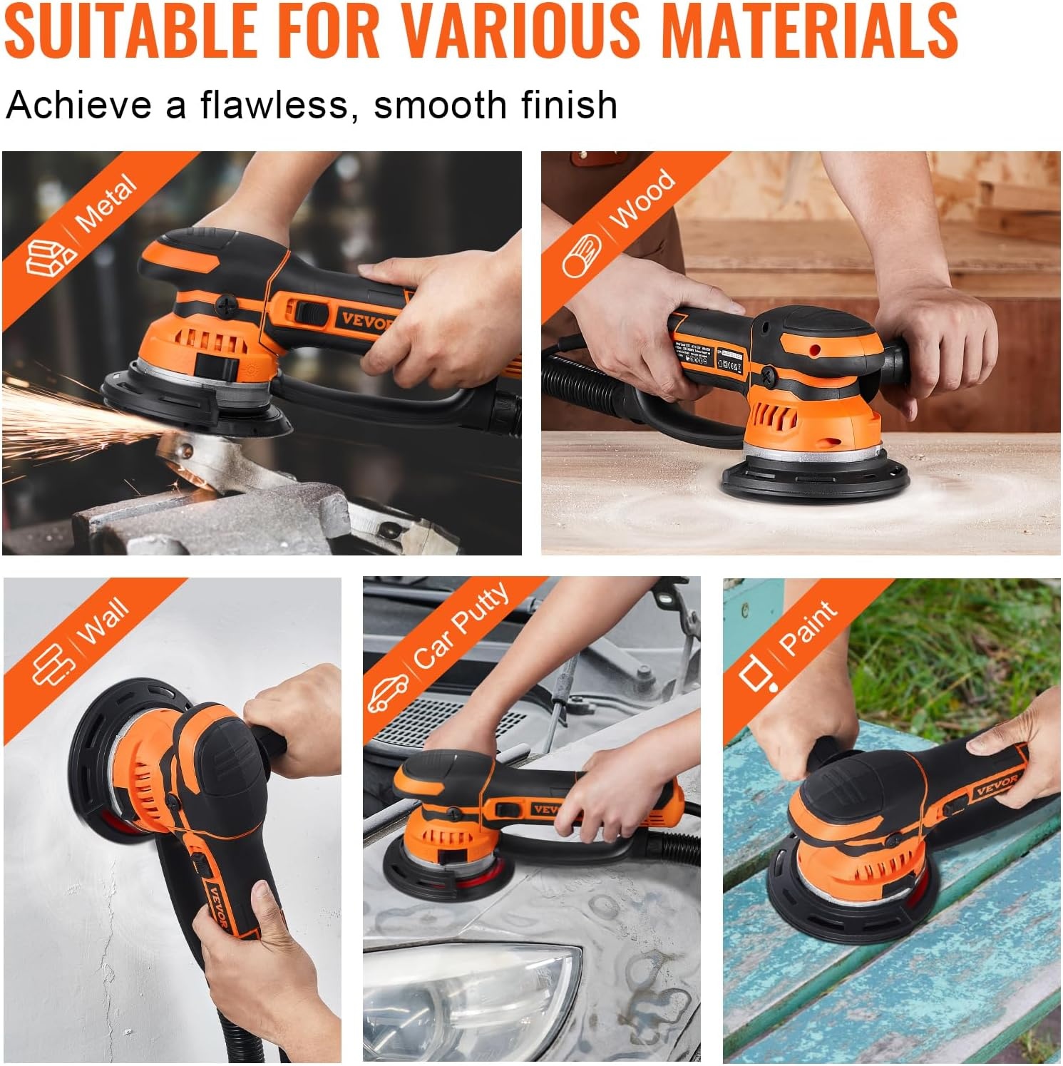 image:imageVEVOR Random Orbital Sander 6Inch 350W Brushless Orbital Sander 10000 PRM 6 Variable Speed Electric Palm Sander with 10PCS Sandpapers Dust Connector amp Hose for Woodworking Detailing SandingOrange