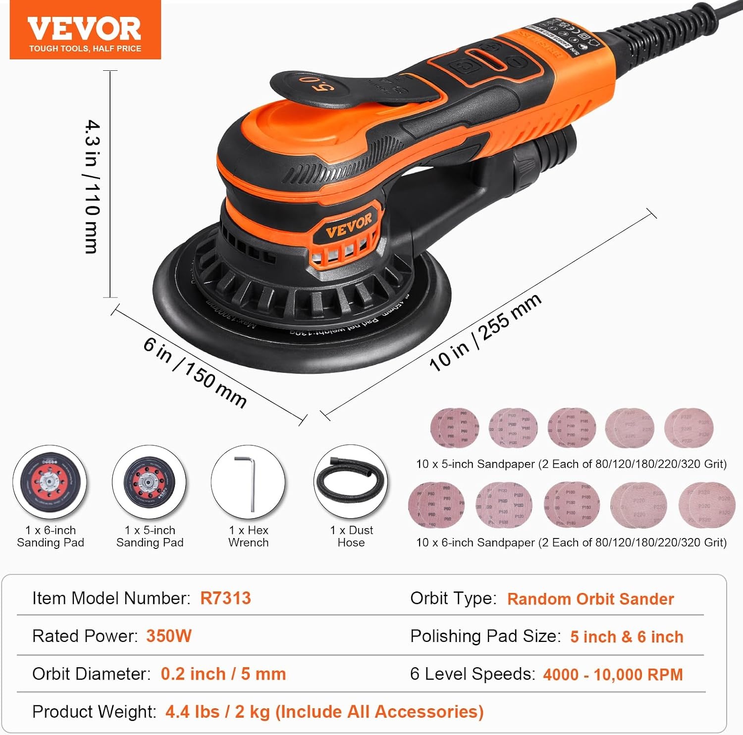 image:imageVEVOR Random Orbital Sander 6Inch 350W Brushless Orbital Sander 10000 PRM 6 Variable Speed Electric Palm Sander with 10PCS Sandpapers Dust Connector amp Hose for Woodworking Detailing SandingOrange