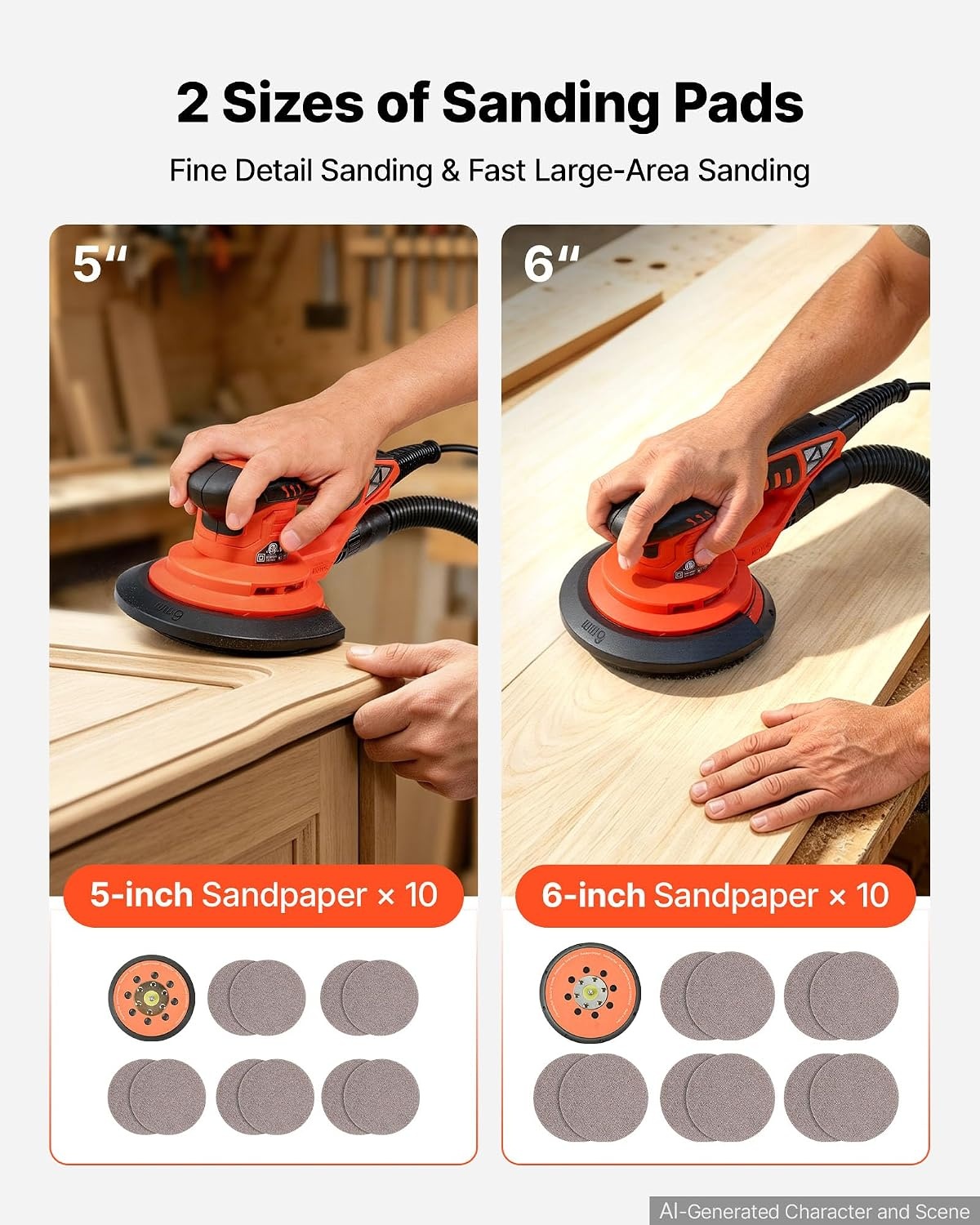 image:imageVEVOR Random Orbital Sander 6Inch 350W Brushless Orbital Sander 10000 PRM 6 Variable Speed Electric Palm Sander with 10PCS Sandpapers Dust Connector amp Hose for Woodworking Detailing SandingOrangered