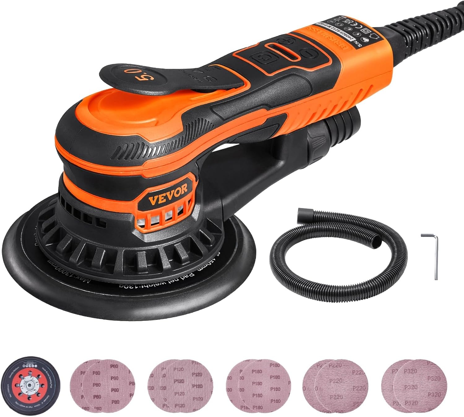 image:imageVEVOR Random Orbital Sander 6Inch 350W Brushless Orbital Sander 10000 PRM 6 Variable Speed Electric Palm Sander with 10PCS Sandpapers Dust Connector amp Hose for Woodworking Detailing SandingOrange
