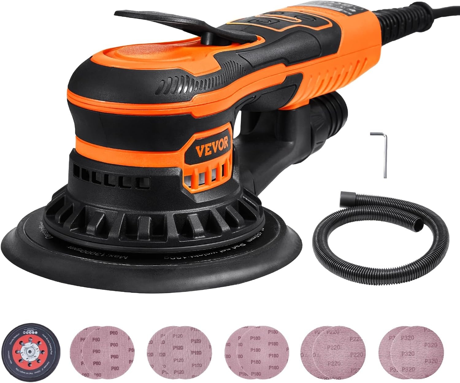 image:imageVEVOR Random Orbital Sander 6Inch 350W Brushless Orbital Sander 10000 PRM 6 Variable Speed Electric Palm Sander with 10PCS Sandpapers Dust Connector amp Hose for Woodworking Detailing SandingOrange