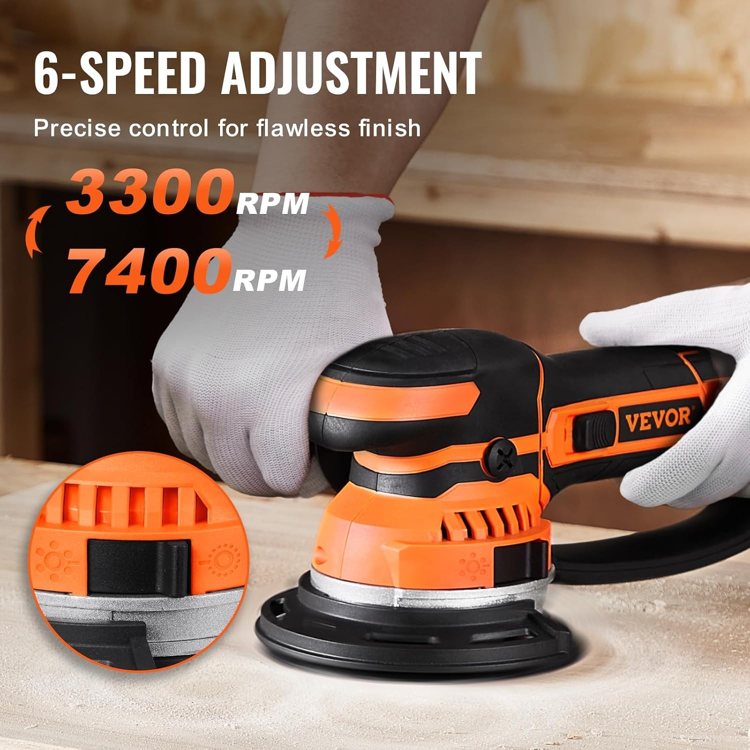 image:imageVEVOR Random Orbital Sander 6Inch 350W Brushless Orbital Sander 10000 PRM 6 Variable Speed Electric Palm Sander with 10PCS Sandpapers Dust Connector amp Hose for Woodworking Detailing SandingOrange