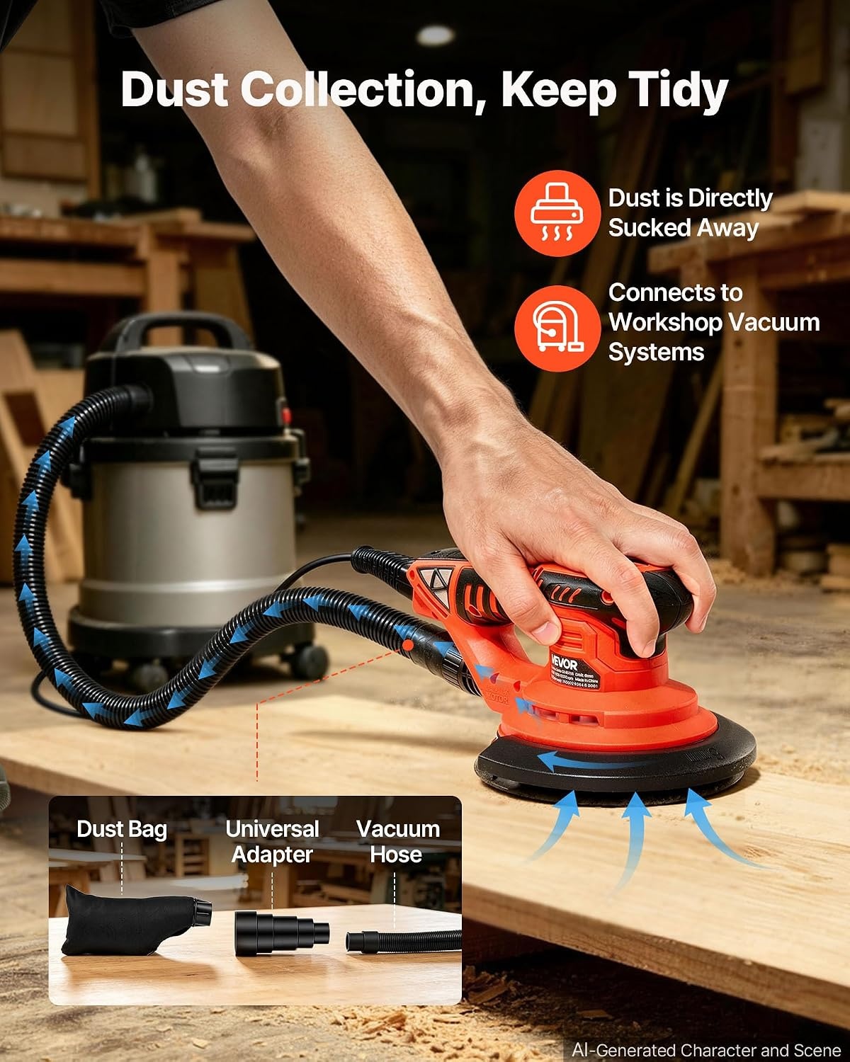 image:imageVEVOR Random Orbital Sander 6Inch 350W Brushless Orbital Sander 10000 PRM 6 Variable Speed Electric Palm Sander with 10PCS Sandpapers Dust Connector amp Hose for Woodworking Detailing SandingOrangered