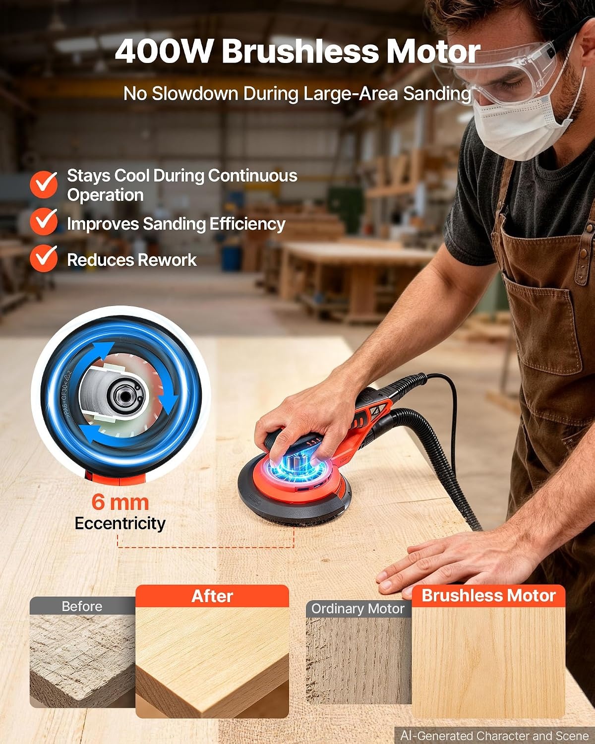 image:imageVEVOR Random Orbital Sander 6Inch 350W Brushless Orbital Sander 10000 PRM 6 Variable Speed Electric Palm Sander with 10PCS Sandpapers Dust Connector amp Hose for Woodworking Detailing SandingOrangered