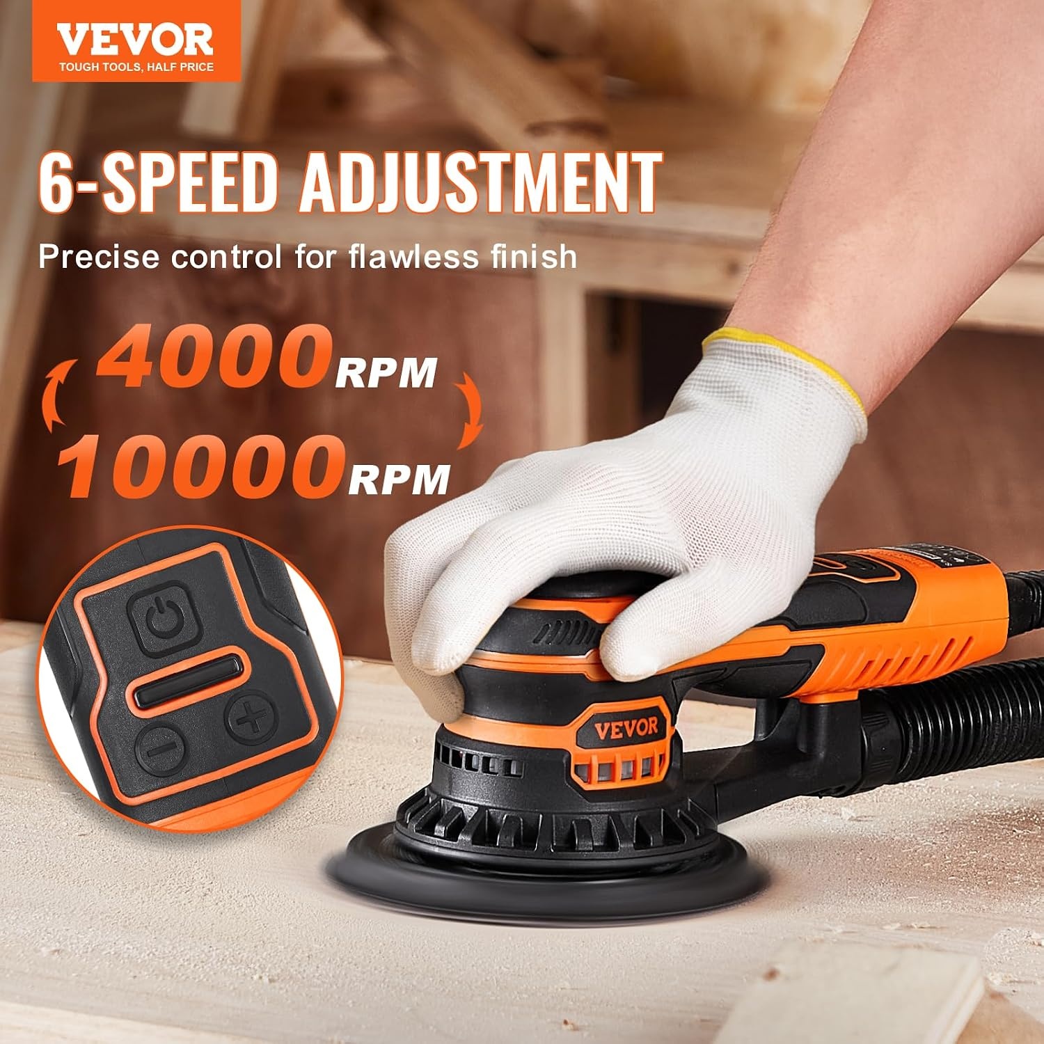 image:imageVEVOR Random Orbital Sander 6Inch 350W Brushless Orbital Sander 10000 PRM 6 Variable Speed Electric Palm Sander with 10PCS Sandpapers Dust Connector amp Hose for Woodworking Detailing SandingOrange