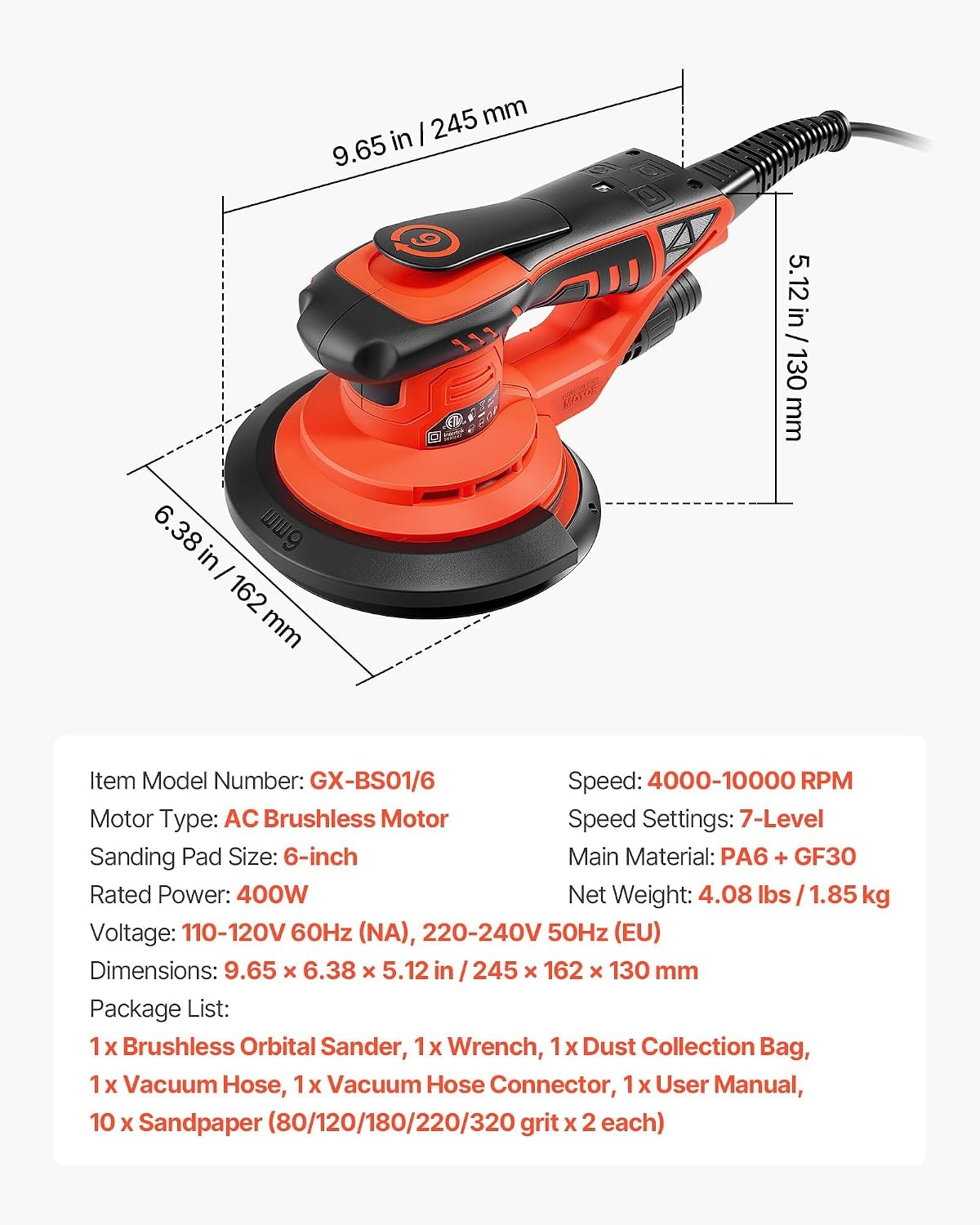 image:imageVEVOR Random Orbital Sander 6Inch 350W Brushless Orbital Sander 10000 PRM 6 Variable Speed Electric Palm Sander with 10PCS Sandpapers Dust Connector amp Hose for Woodworking Detailing SandingOrangered