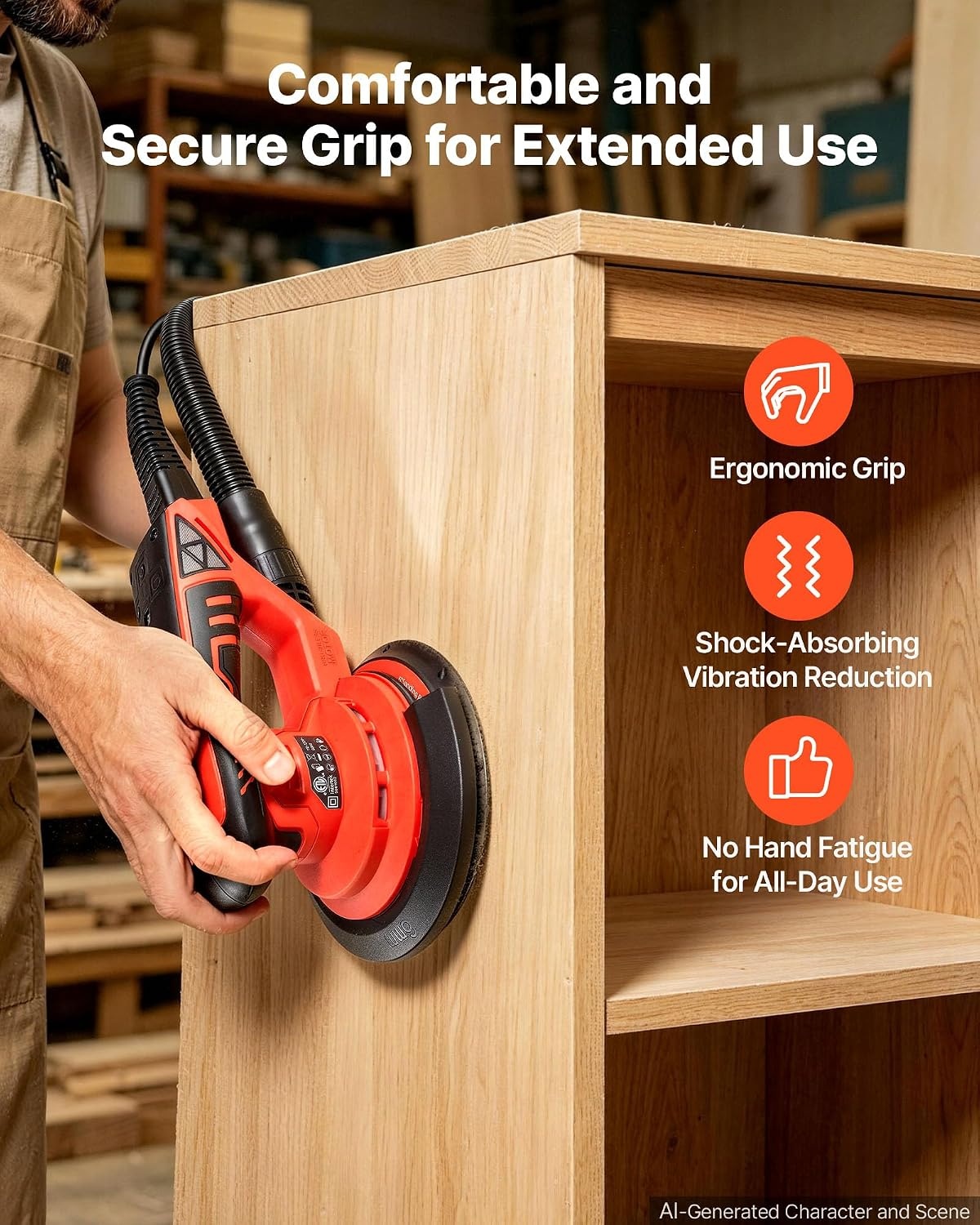 image:imageVEVOR Random Orbital Sander 6Inch 350W Brushless Orbital Sander 10000 PRM 6 Variable Speed Electric Palm Sander with 10PCS Sandpapers Dust Connector amp Hose for Woodworking Detailing SandingOrangered