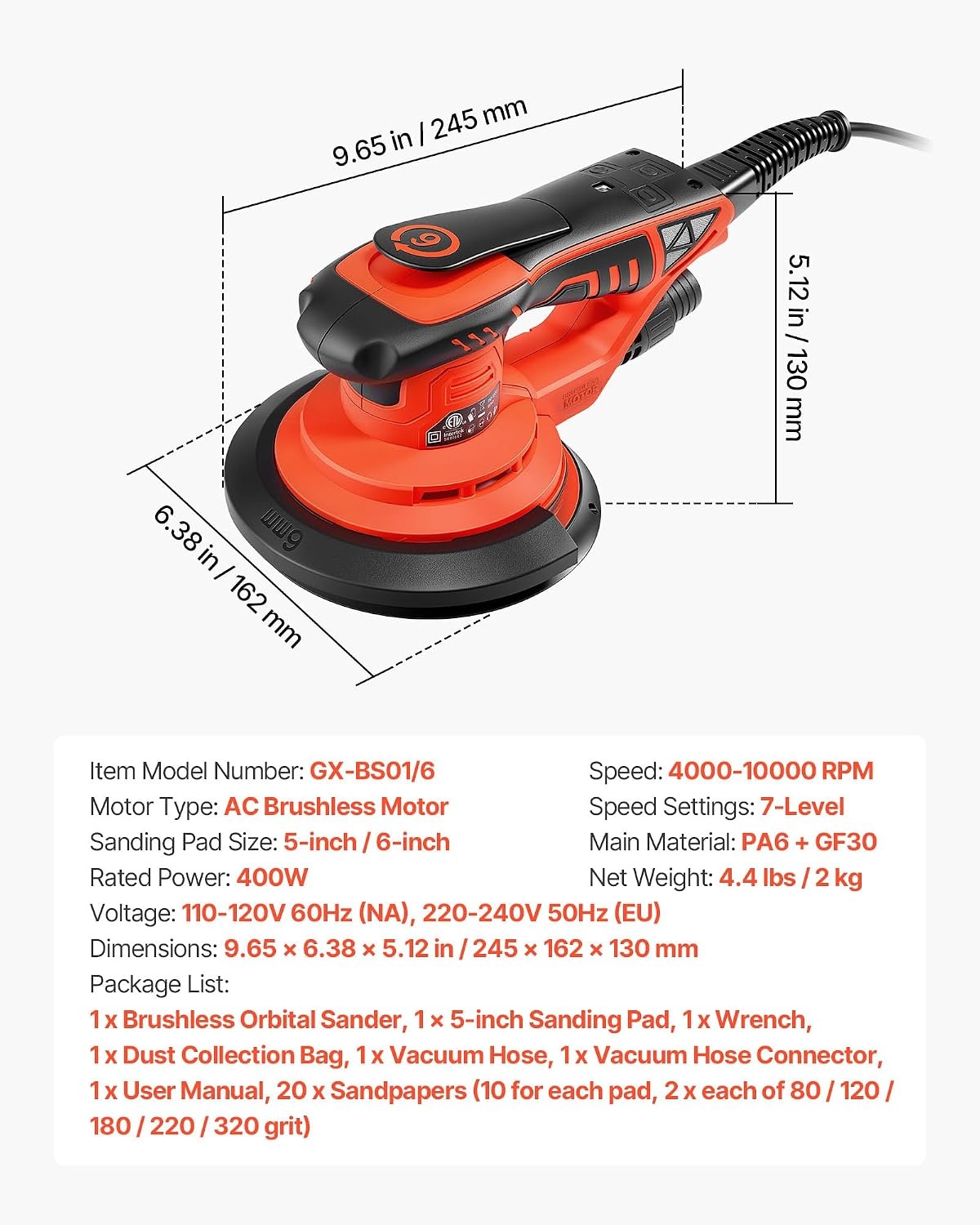 image:imageVEVOR Random Orbital Sander 6Inch 350W Brushless Orbital Sander 10000 PRM 6 Variable Speed Electric Palm Sander with 10PCS Sandpapers Dust Connector amp Hose for Woodworking Detailing SandingOrangered