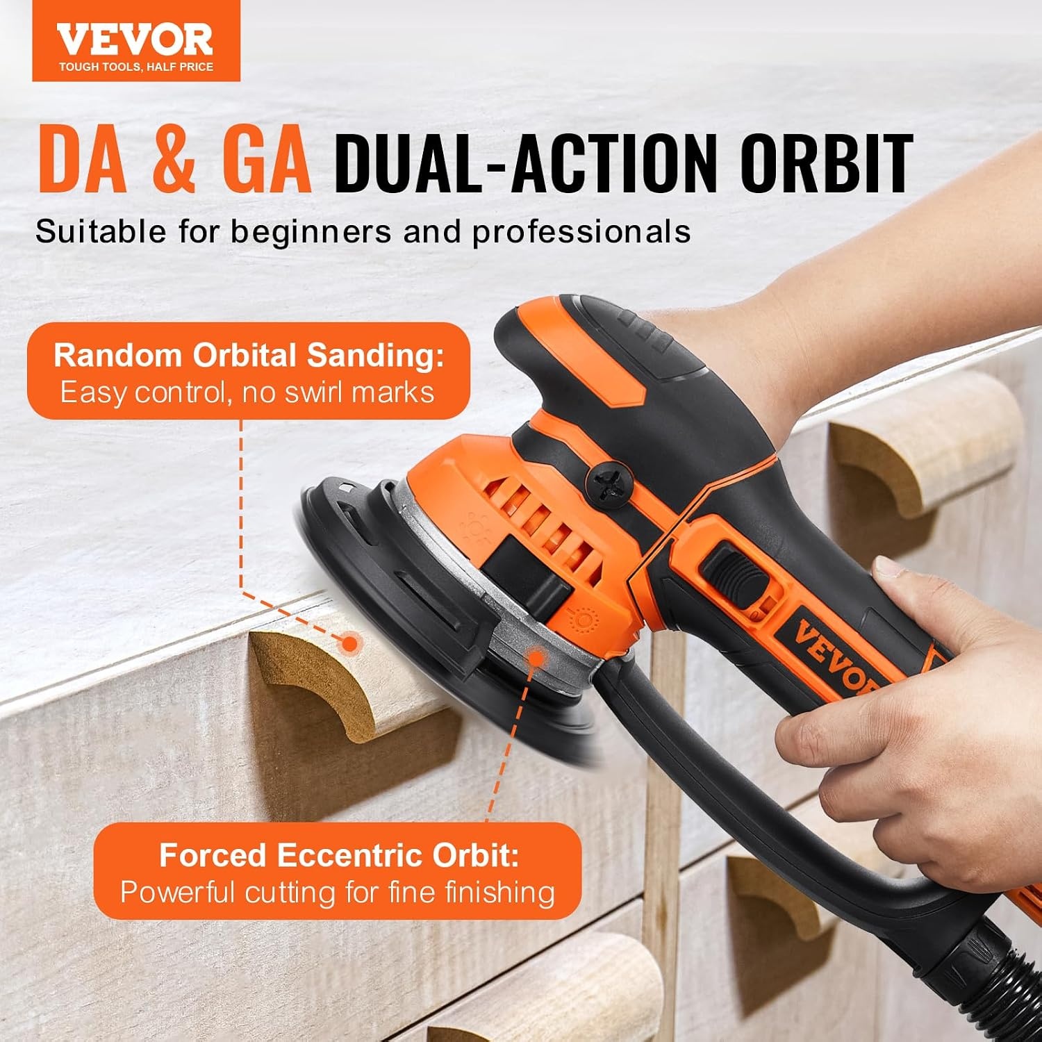 image:imageVEVOR Random Orbital Sander 6Inch 350W Brushless Orbital Sander 10000 PRM 6 Variable Speed Electric Palm Sander with 10PCS Sandpapers Dust Connector amp Hose for Woodworking Detailing SandingOrange