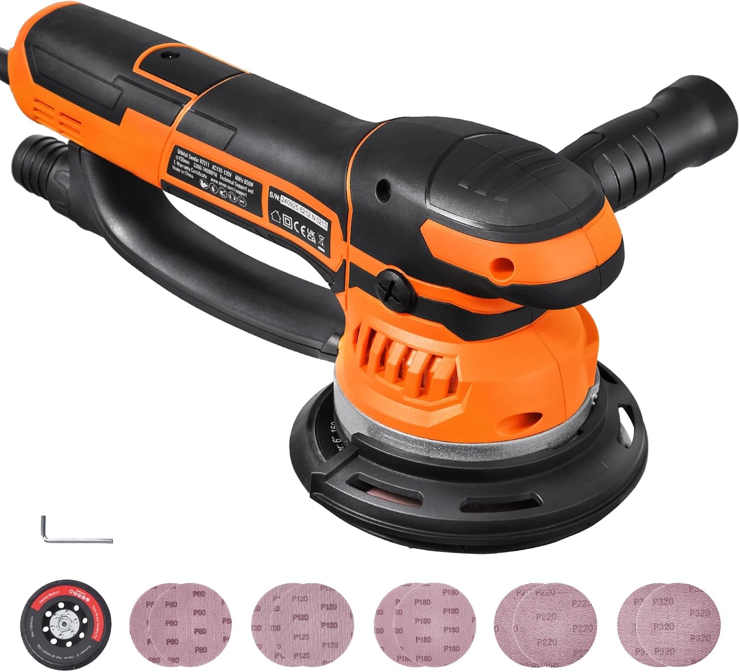 image:imageVEVOR Random Orbital Sander 6Inch 350W Brushless Orbital Sander 10000 PRM 6 Variable Speed Electric Palm Sander with 10PCS Sandpapers Dust Connector amp Hose for Woodworking Detailing SandingOrange